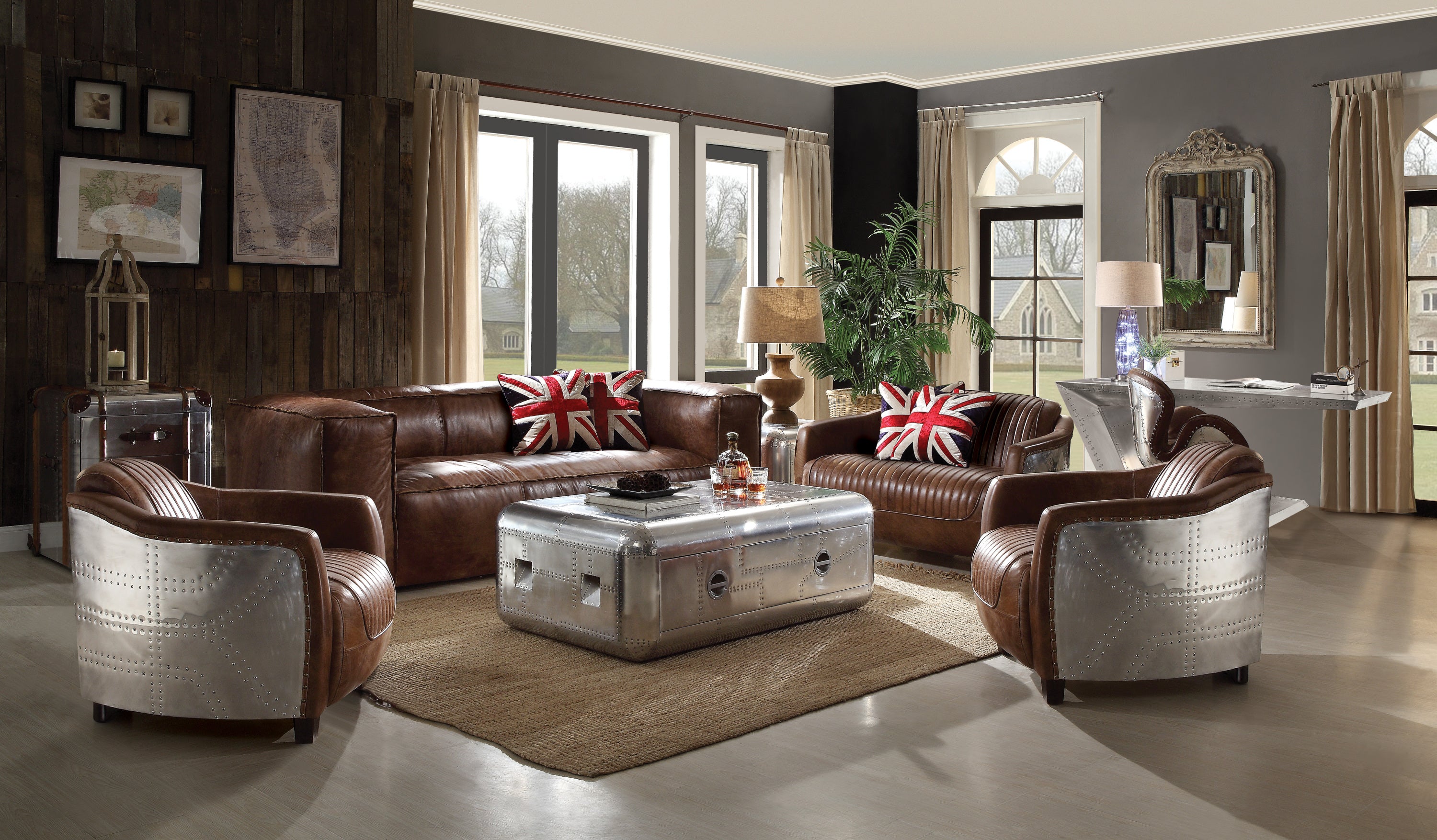 Brancaster Retro Brown Grain Leather & Aluminum Sofa