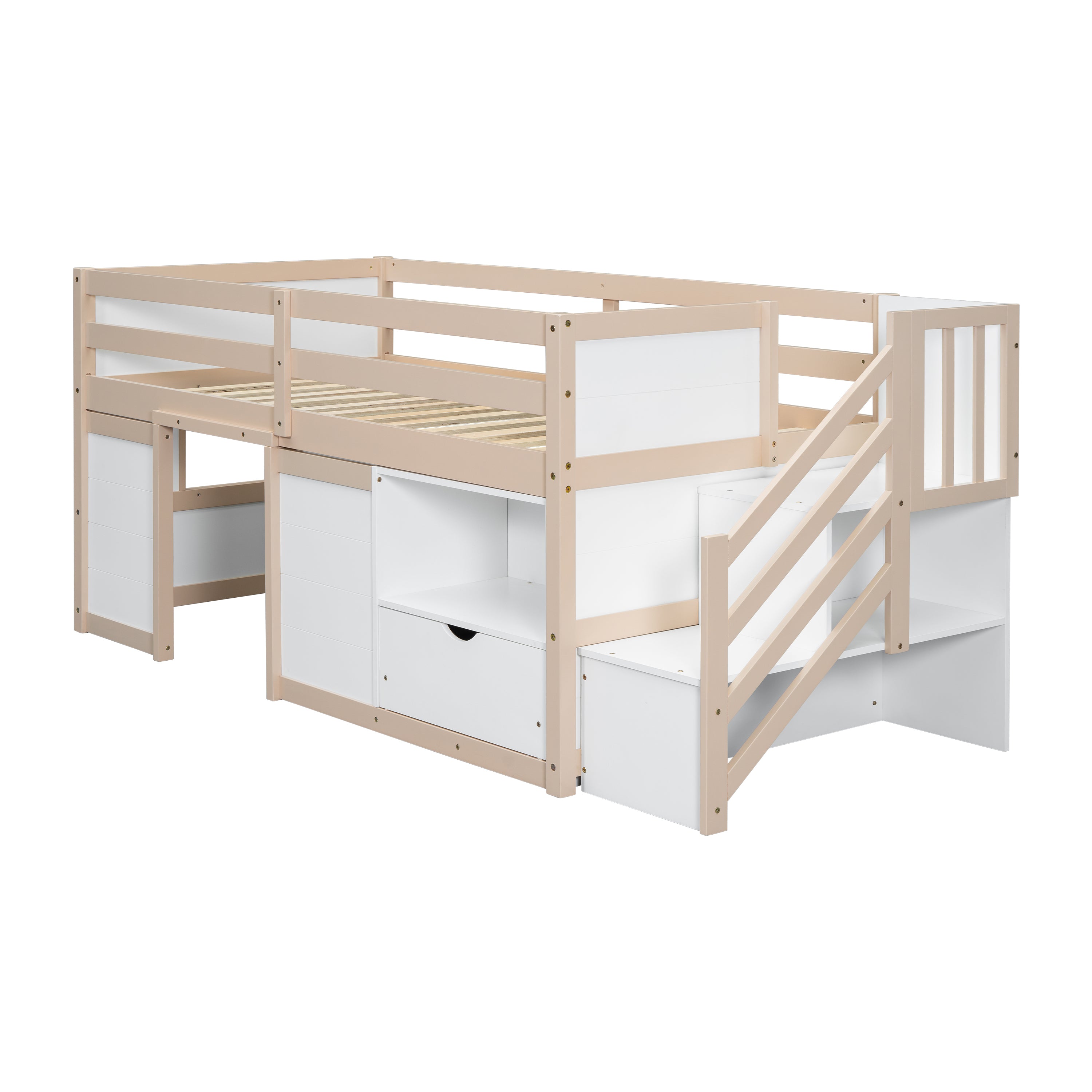 SOLID WOOD TWIN SIZE LOW LOFT BED WITH STAIR, DRAWER, AND SHELF FOR CREAM + WHITE COLOR