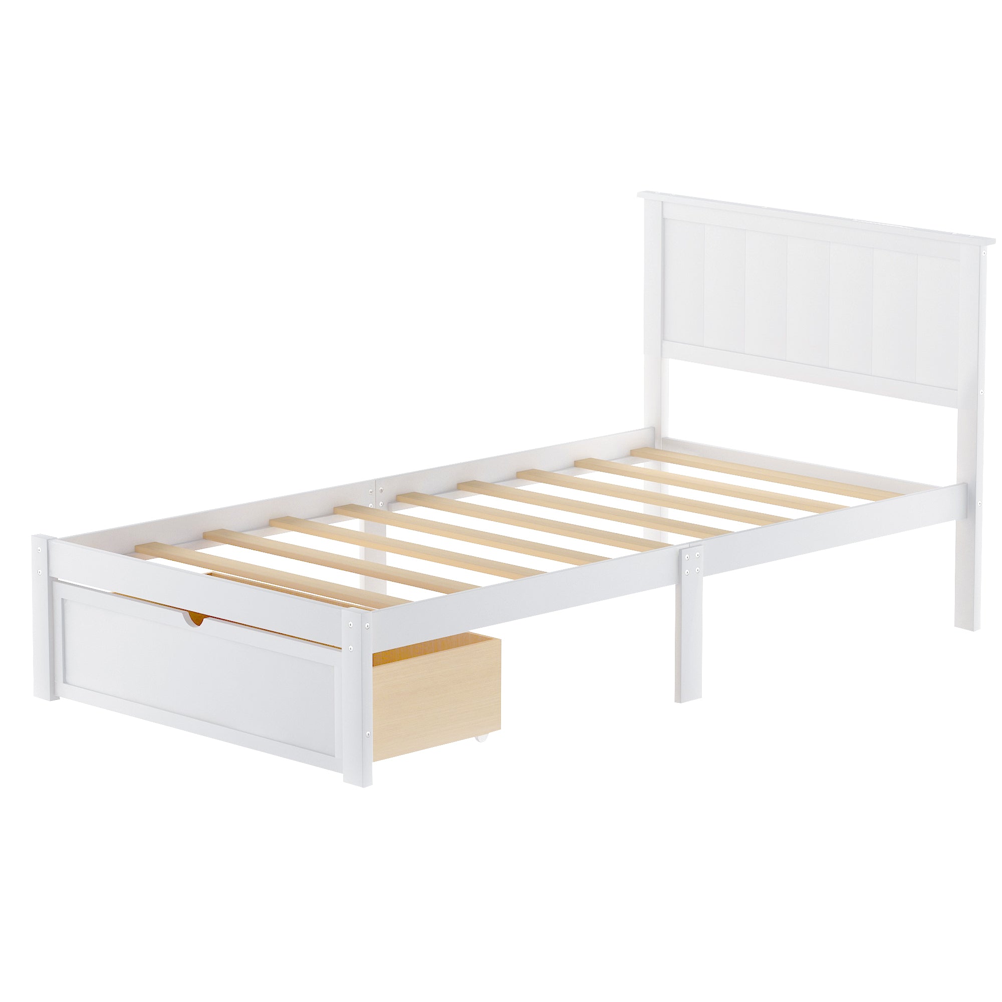 Twin Size Platform Bed with Under-bed Drawer, White