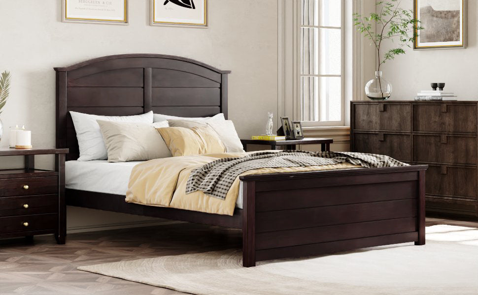 Farmhouse Wooden Platform Twin Size Bed with Curl Design Headboard and Footboard for Teenager, Espresso