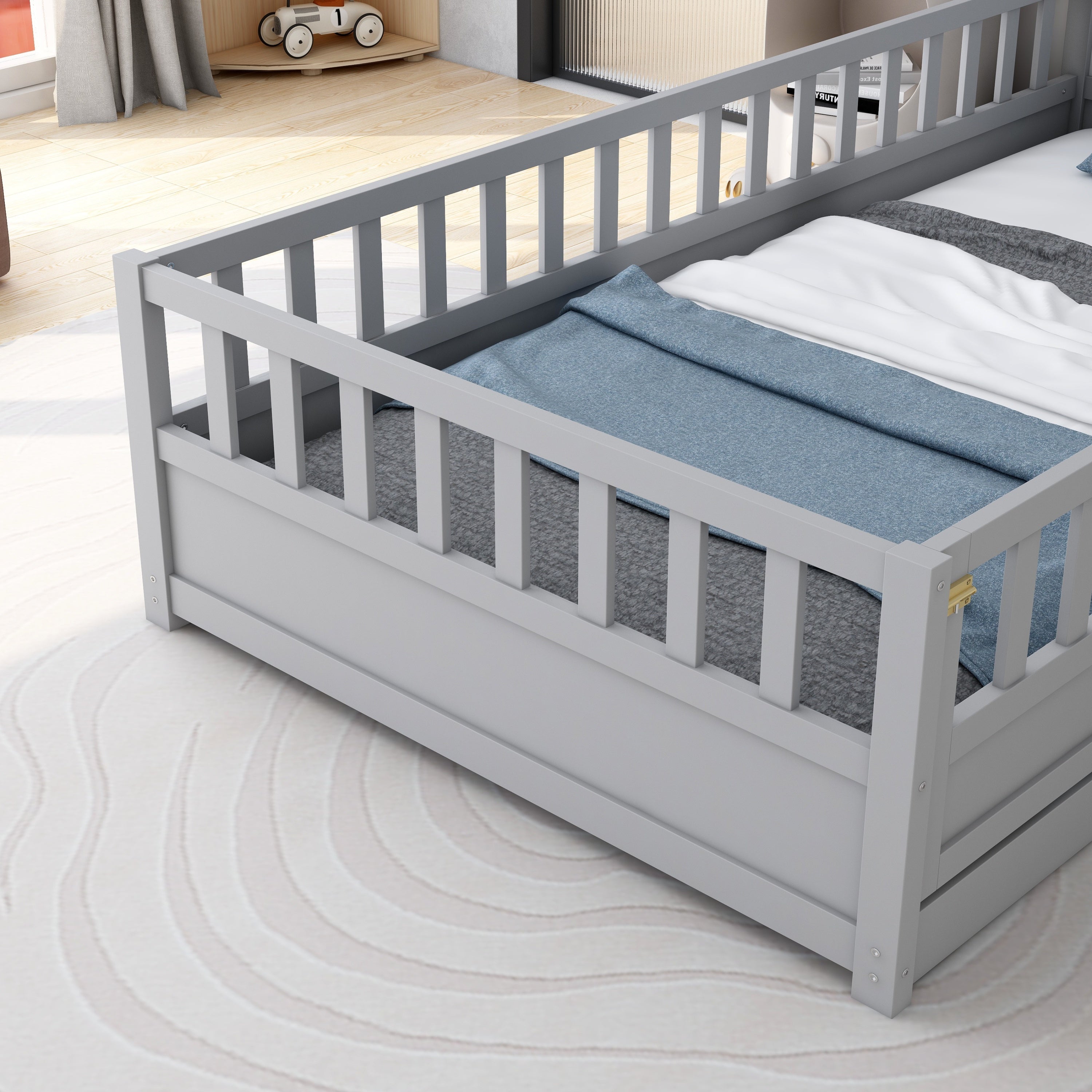 Twin Size Floor bed, integral construction with super high security barrier, door, children's floor bed frame, Montessori wooden children's floor bed,  Grey