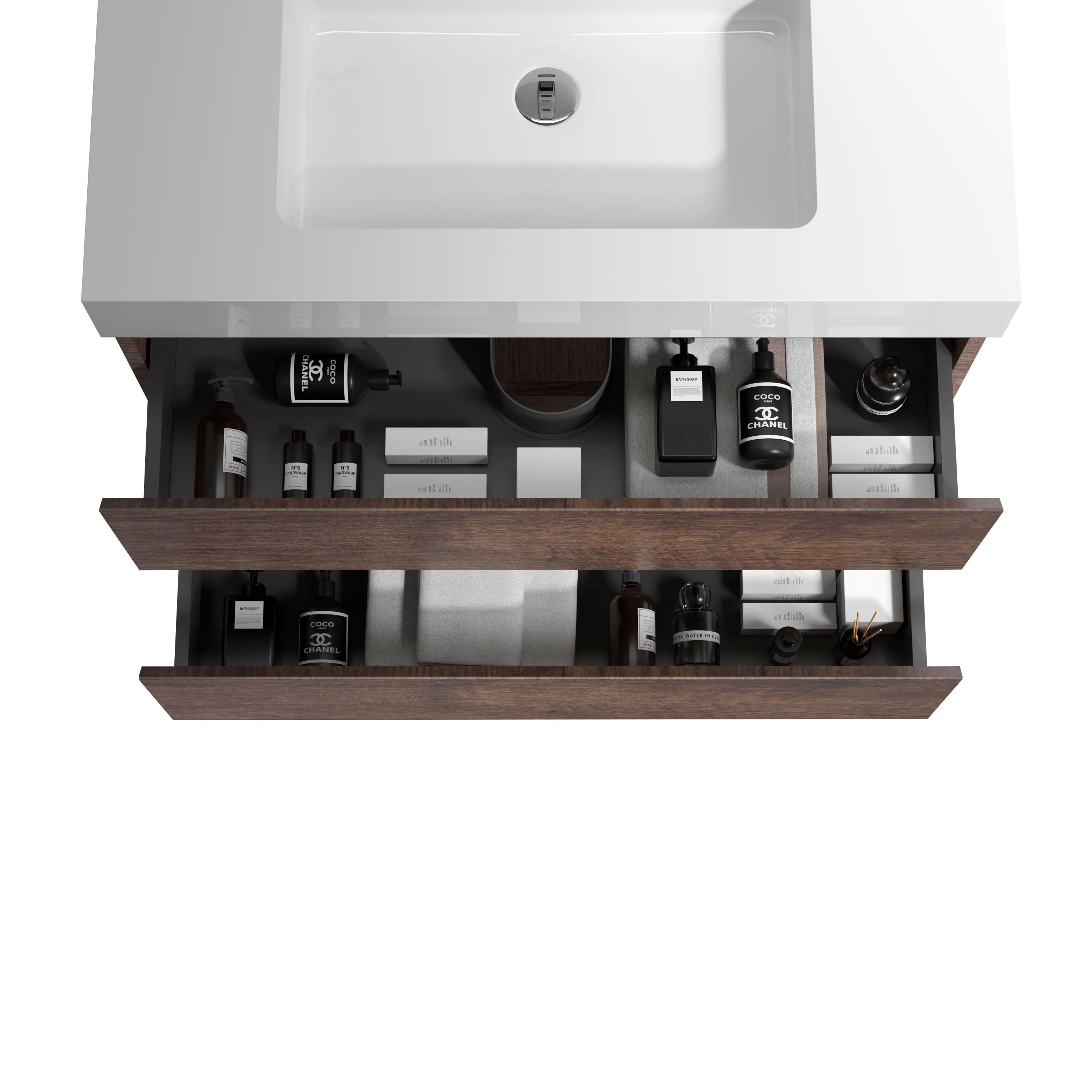 Alice 30" Walnut Bathroom Vanity with Sink, Large Storage Wall Mounted Floating Bathroom Vanity for Modern Bathroom, One-Piece White Sink Basin without Drain and Faucet, Pre-assembled