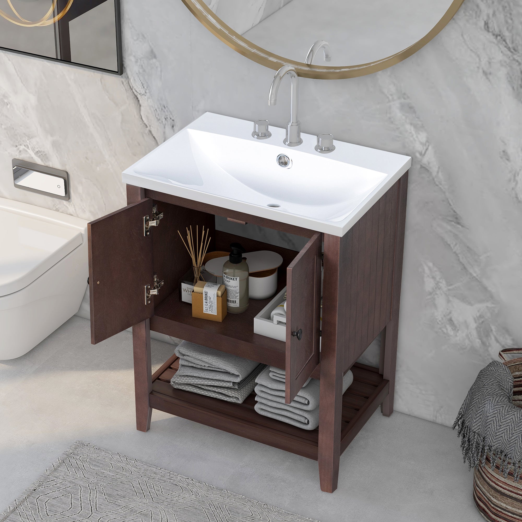 [VIDEO] 24" Brown Modern Sleek Bathroom Vanity Elegant Ceramic Sink with Solid Wood Frame Open Style Shelf (OLD SKU: JL000004AAD)