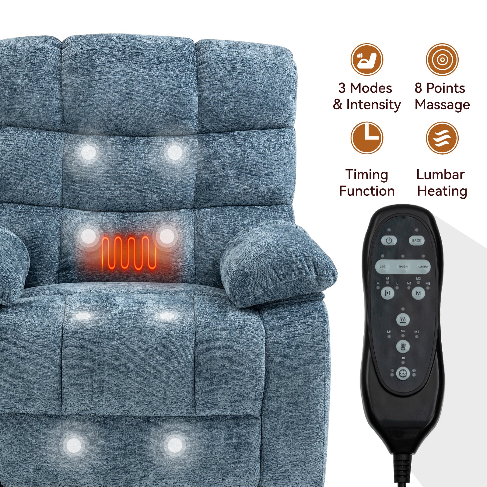 Lift Recliner Chair Heat Massage Dual Motor Infinite Position Up to 350 LBS Large Electric Power Lift Recliners with Power-Remote, Medium-firm and Heavy duty, Blue