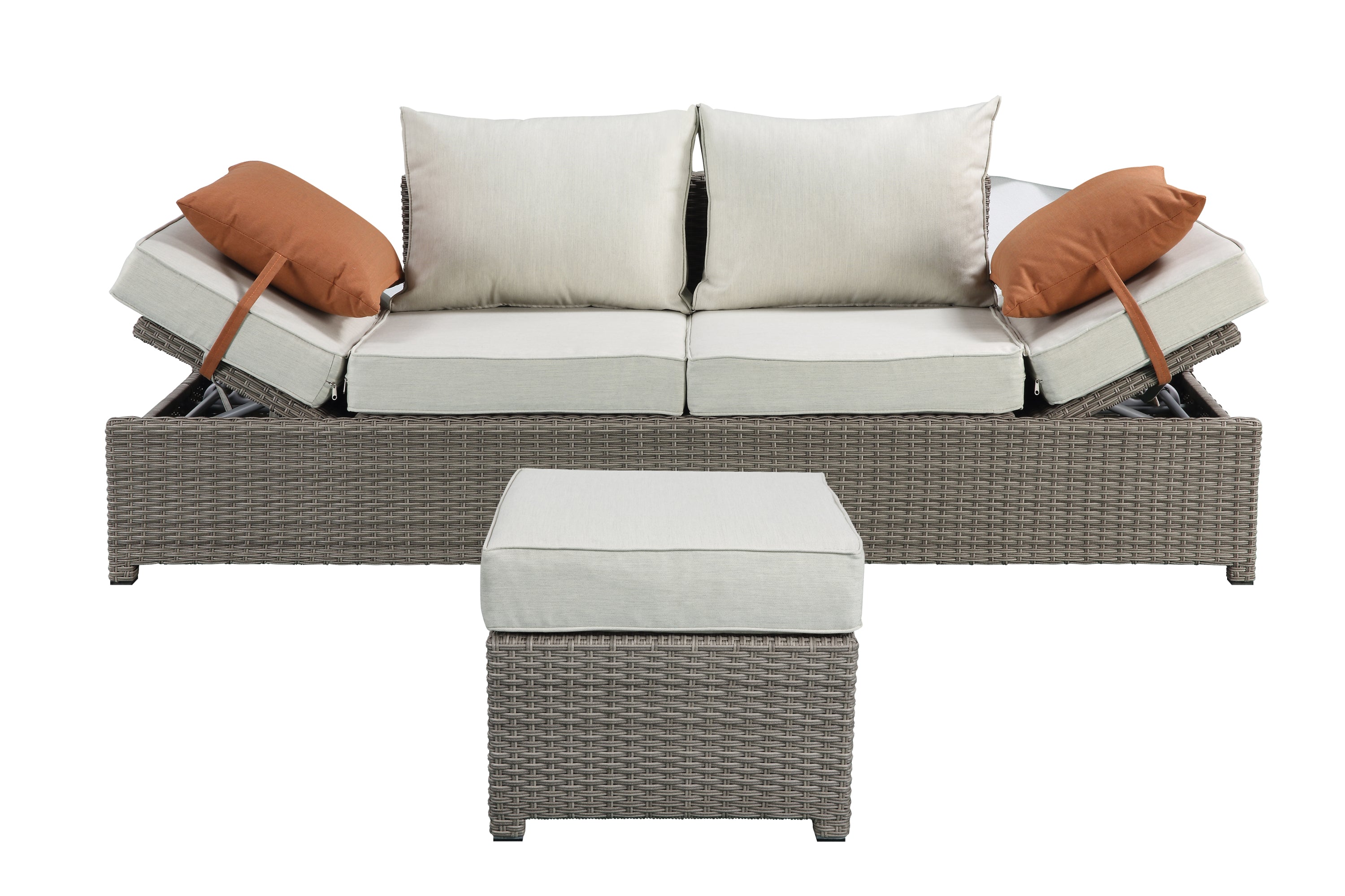 Salena Beige Fabric & Gray All-Weather Wicker Patio Sofa & Ottoman with 2 Toss Pillows