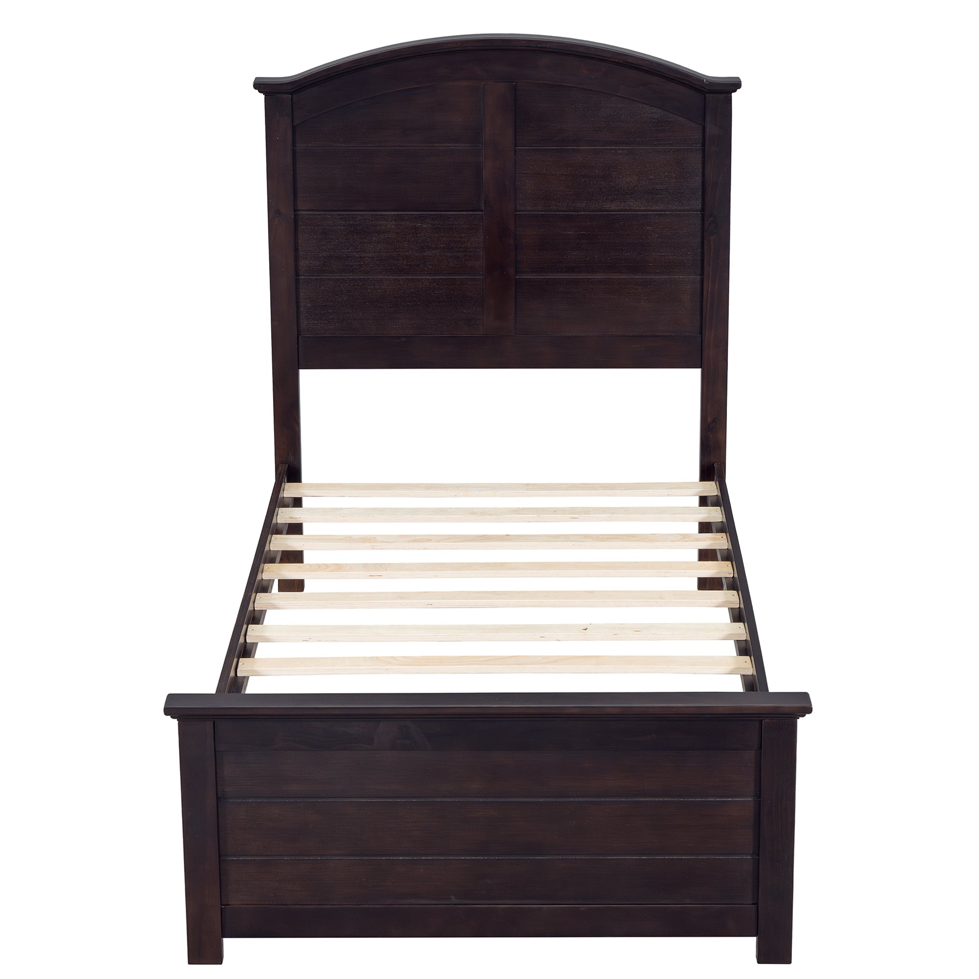 Farmhouse Wooden Platform Twin Size Bed with Curl Design Headboard and Footboard for Teenager, Espresso