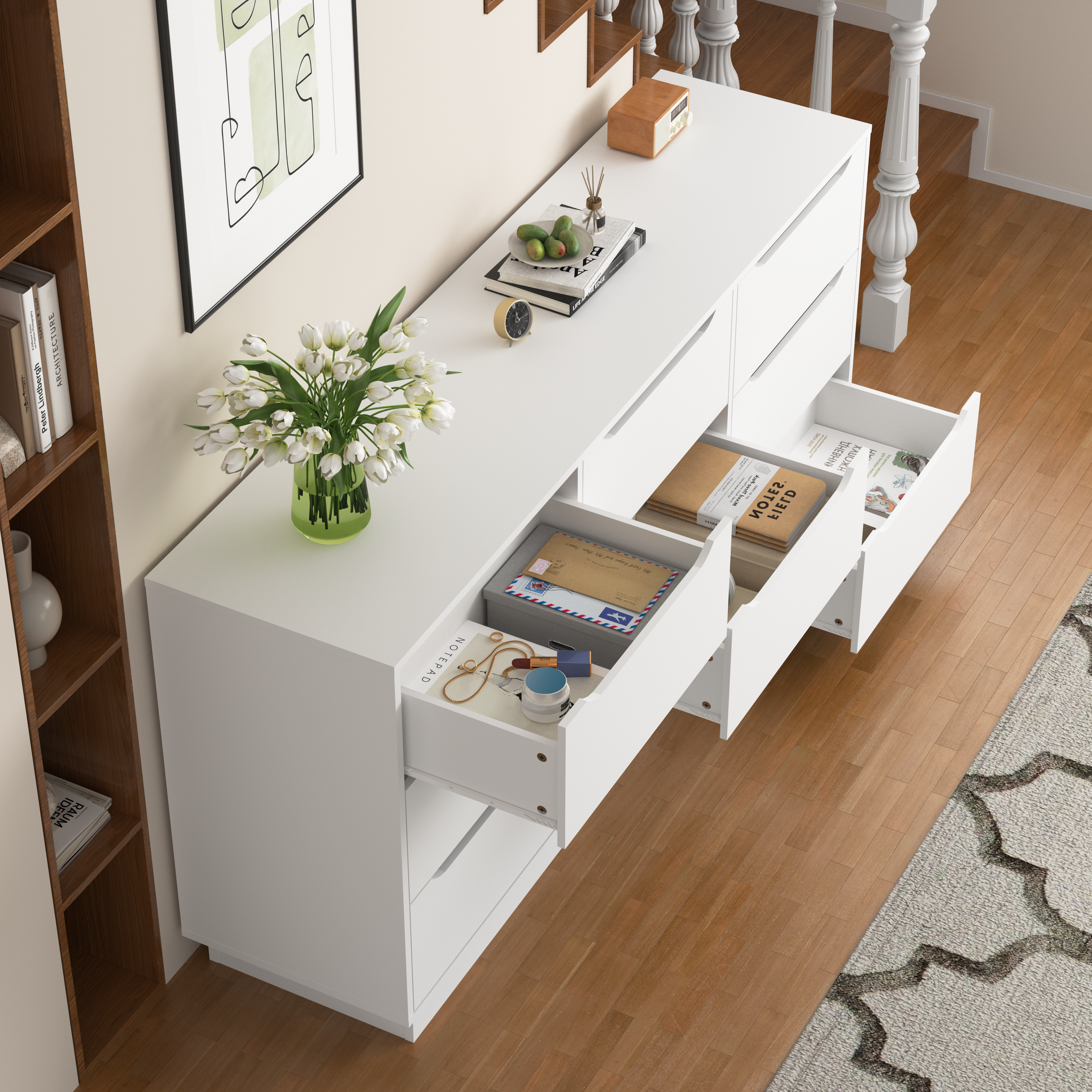 White floor dresser for bedroom, drawers open