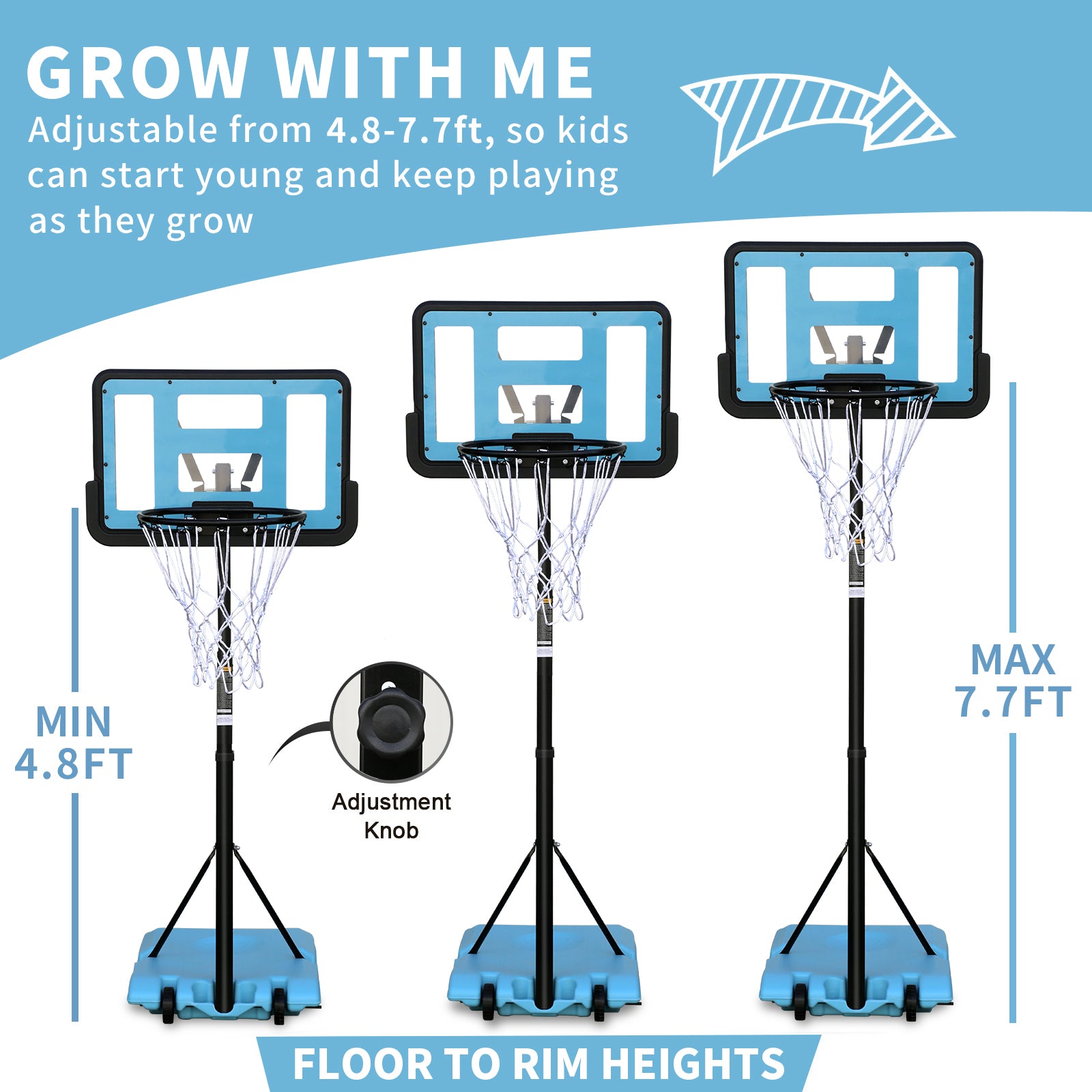 Use for Outdoor Height Adjustable 4.8 to 7.7ft Basketball Hoop 28 Inch Backboard Portable Basketball Goal System with Stable Base and Wheels