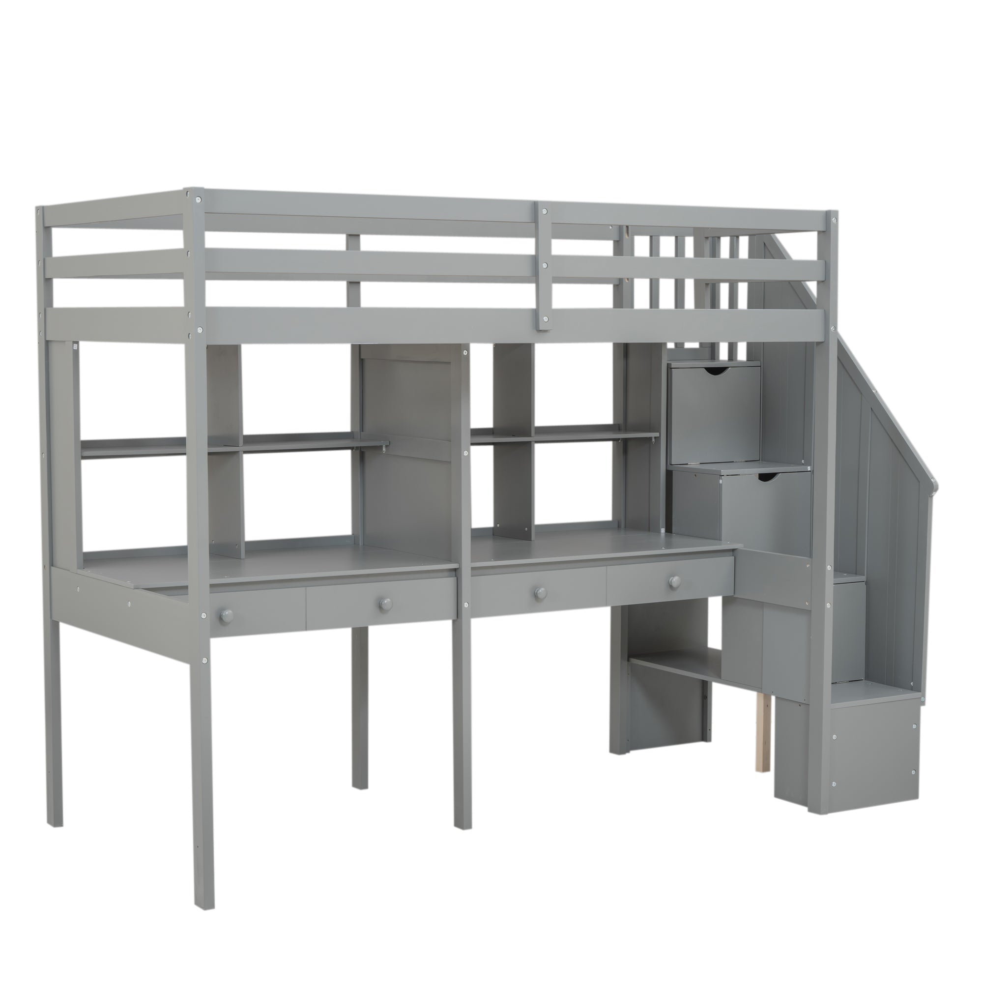 Twin Size Loft Bed Frame with Storage Staircase and Double Desks and Shelves,Gray