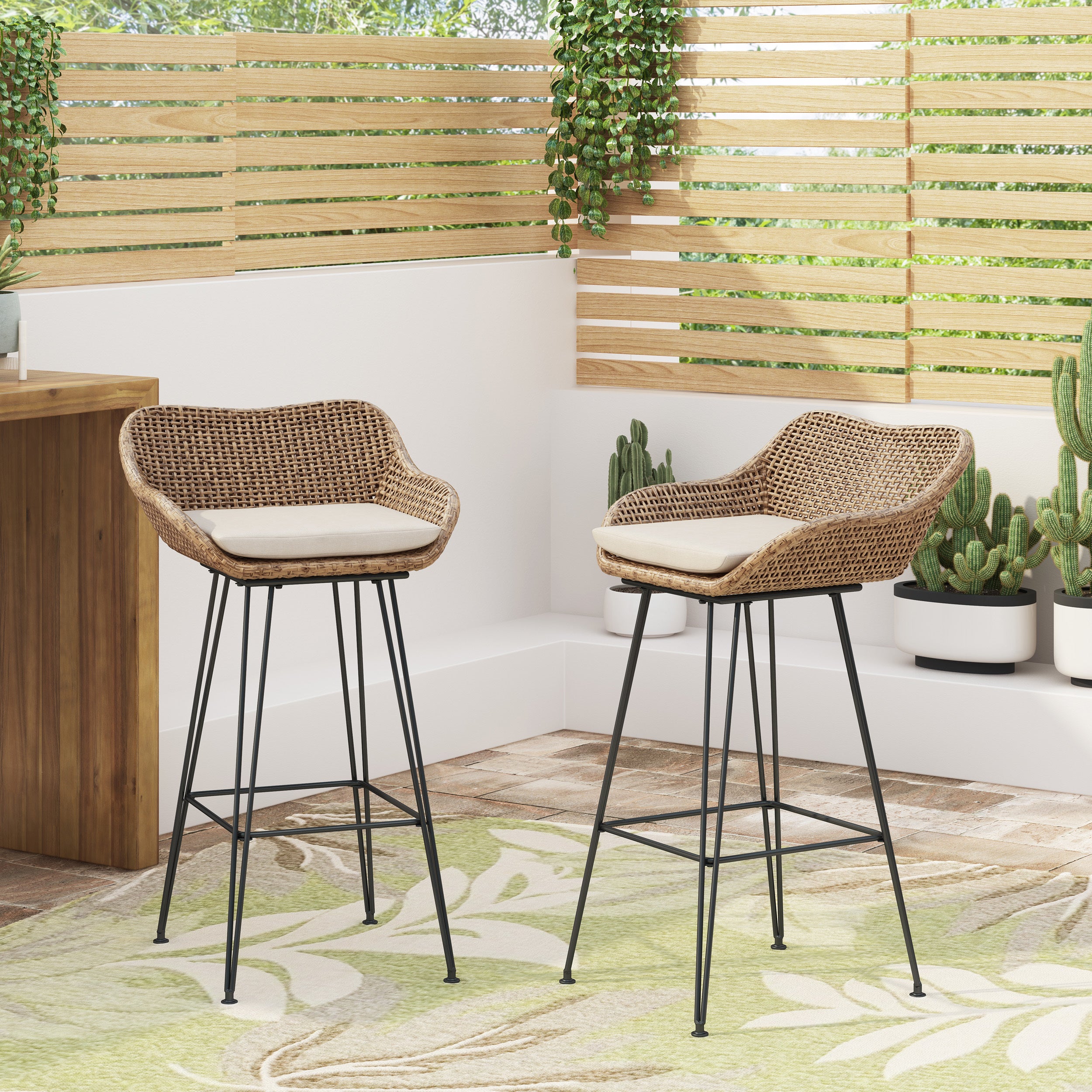 29.25" Outdoor Wicker and Iron Low Back Barstools, Light Brown, with Beige Cushion (Set of 2)