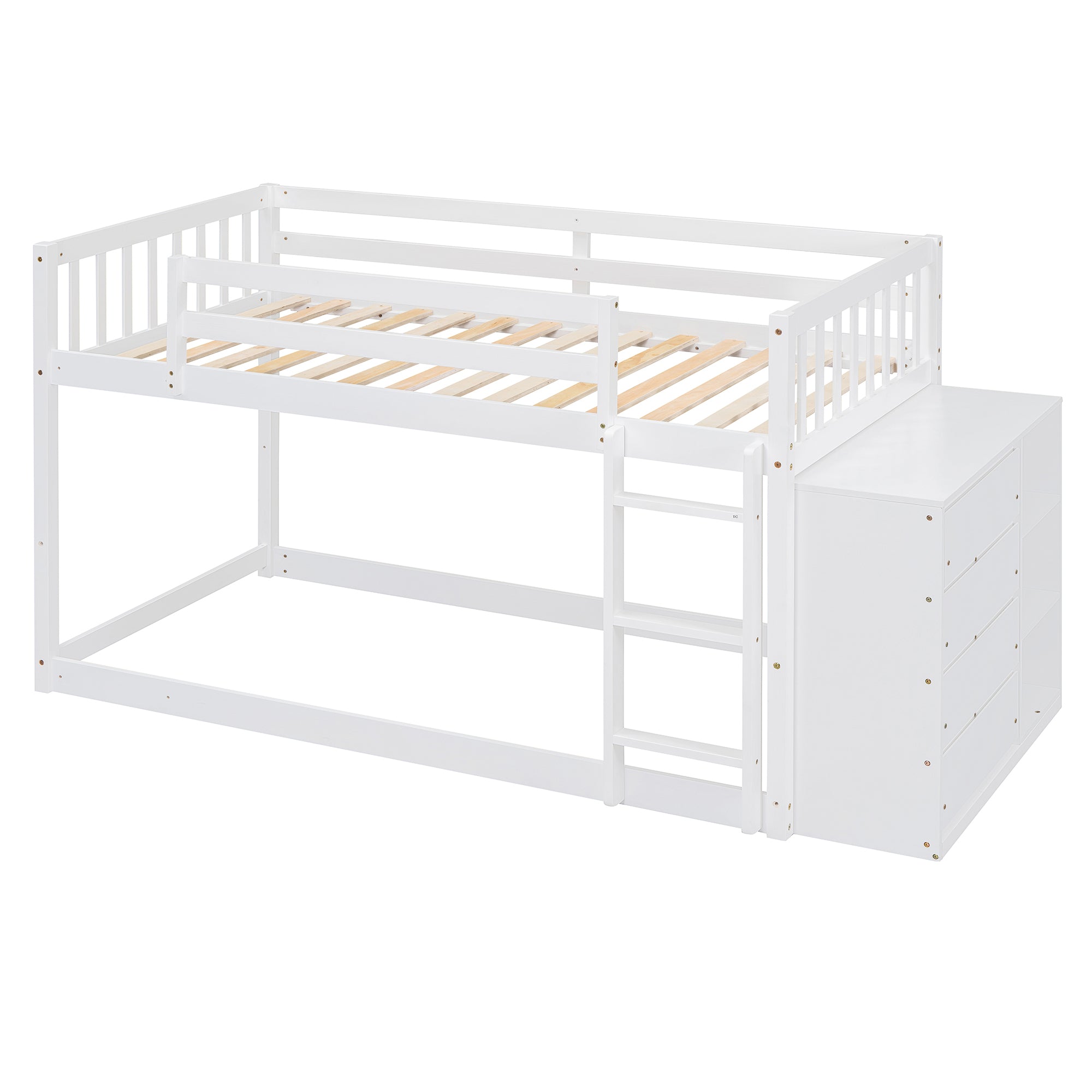 Twin over Twin Bunk Bed with 4 Drawers and 3 Shelves-White