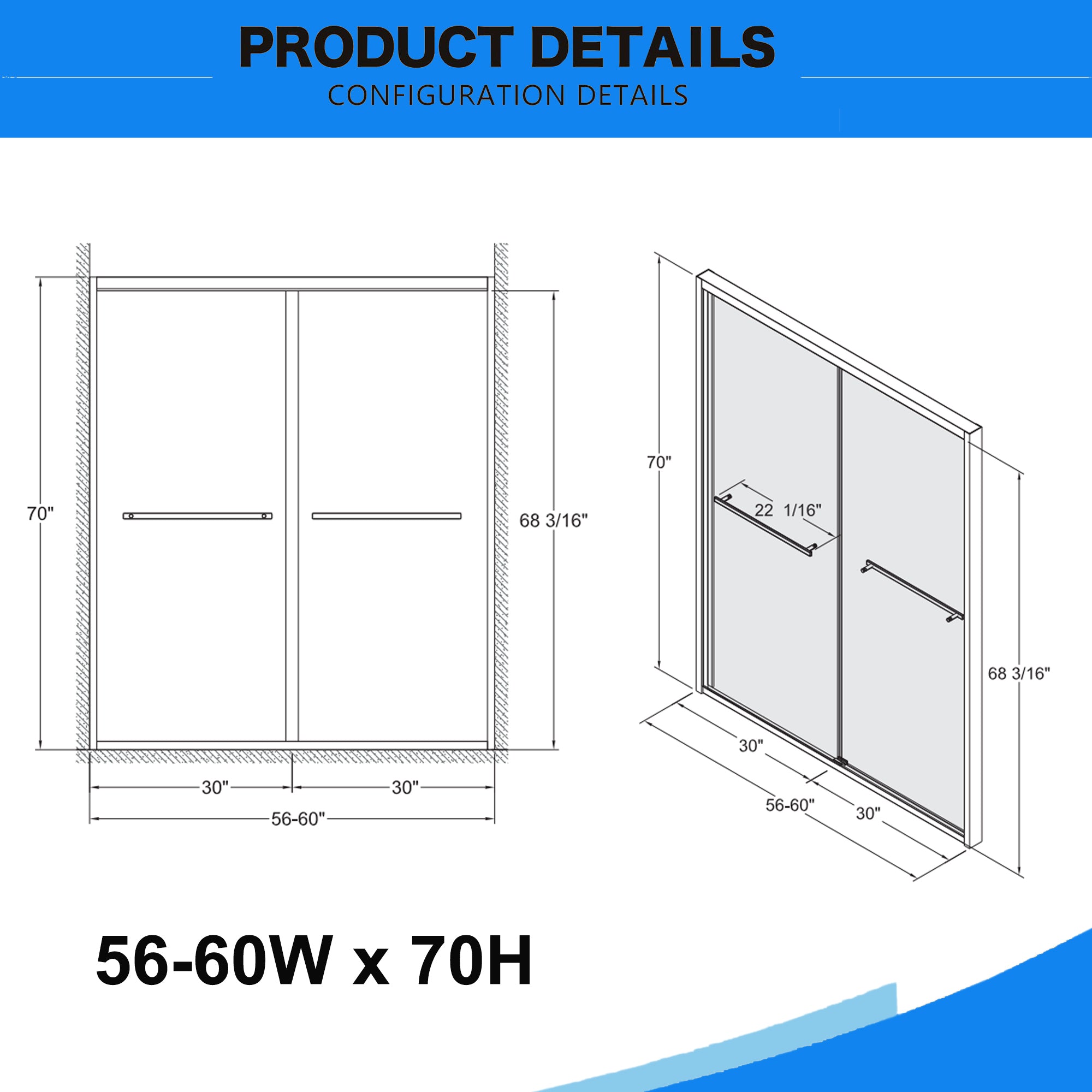 56-60"W x 70"H Aluminum Frame Double Sliding Shower Door,Bypass Bathroom Sliding Door with Premium 5/16" (8mm) Clear Tempered Glass, Black Hardware Sliding Glass Shower Enclosure,Matte Black Finished