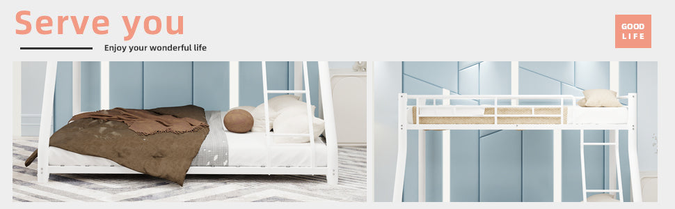 White metal twin over full bunk bed with stairs, front view