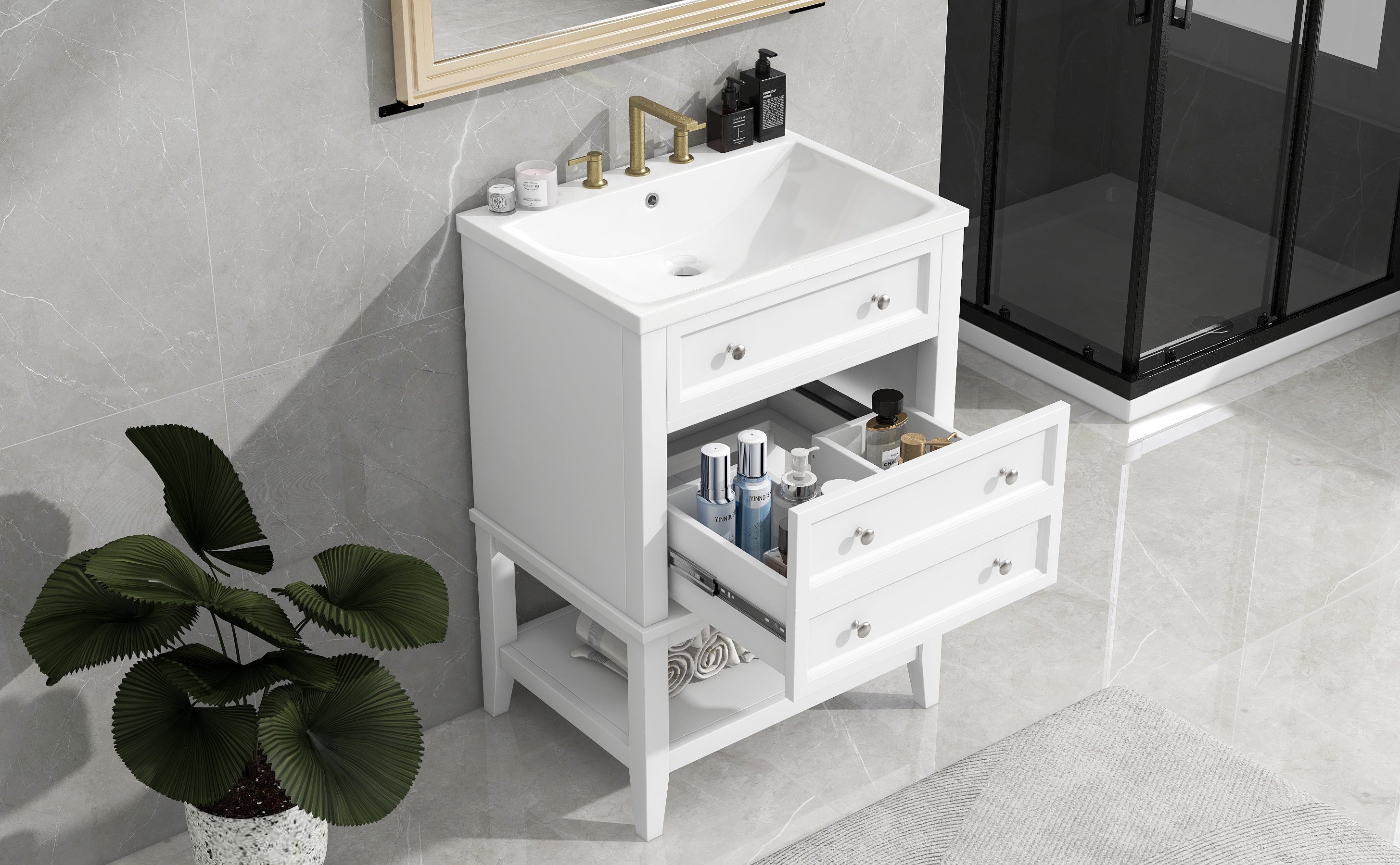 24" Bathroom Vanity With Sink, Bathroom Storage Cabinet with Drawer and Open Shelf, Solid Wood Frame, White