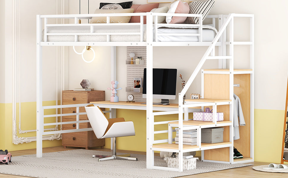 Full Size Metal Loft Bed with Desk, Storage Staircase and Small Wardrobe, Storage stairs can be installed left and right, White