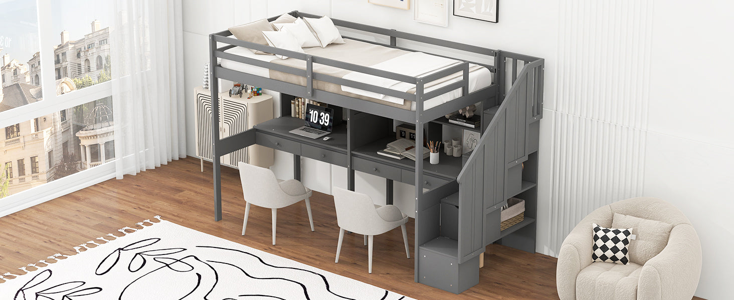 Twin Size Loft Bed Frame with Storage Staircase and Double Desks and Shelves,Gray