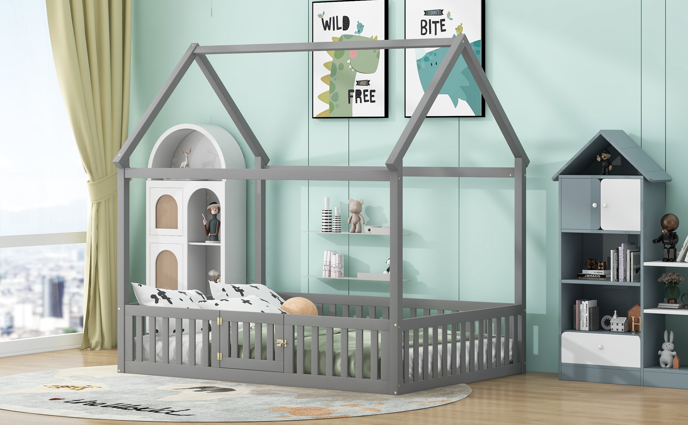 Full Size Wood House Bed with Fence and Door, Gray