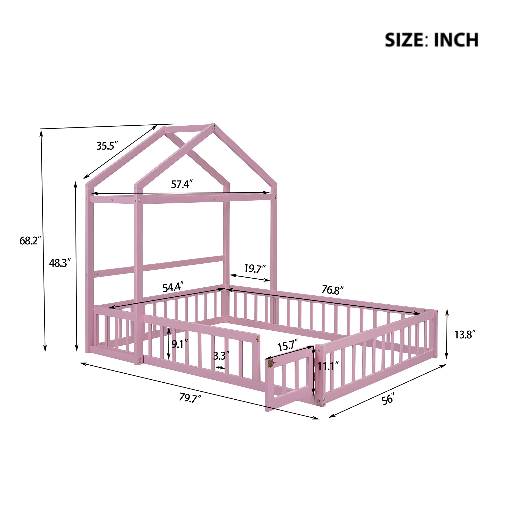 Wooden Floor Bed with Fence Railings and Detachable House Shape Headboard,Full Size Bed with Kids Dress Up Rack, Kids Montessori Style Playhouse Frame for Girls Boys, Pink