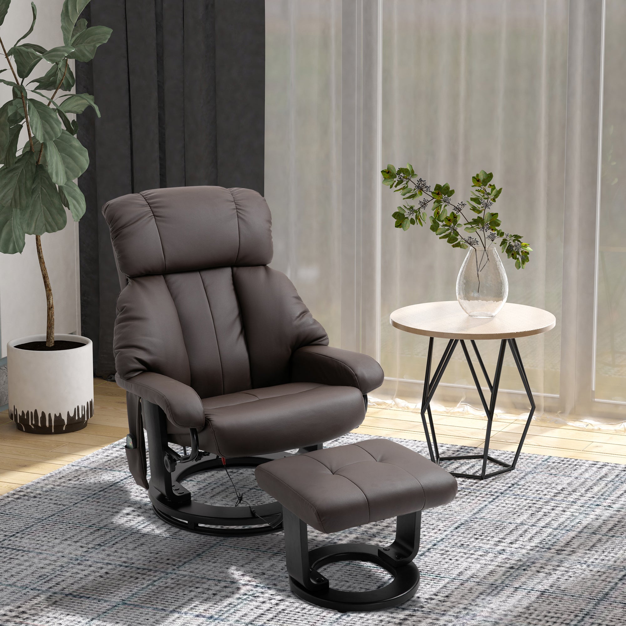 HOMCOM Massage Recliner Chair with Ottoman, 360° Swivel Recliner and Footstool, PU Leather Reclining Chair with Side Pocket and Remote Control, Brown