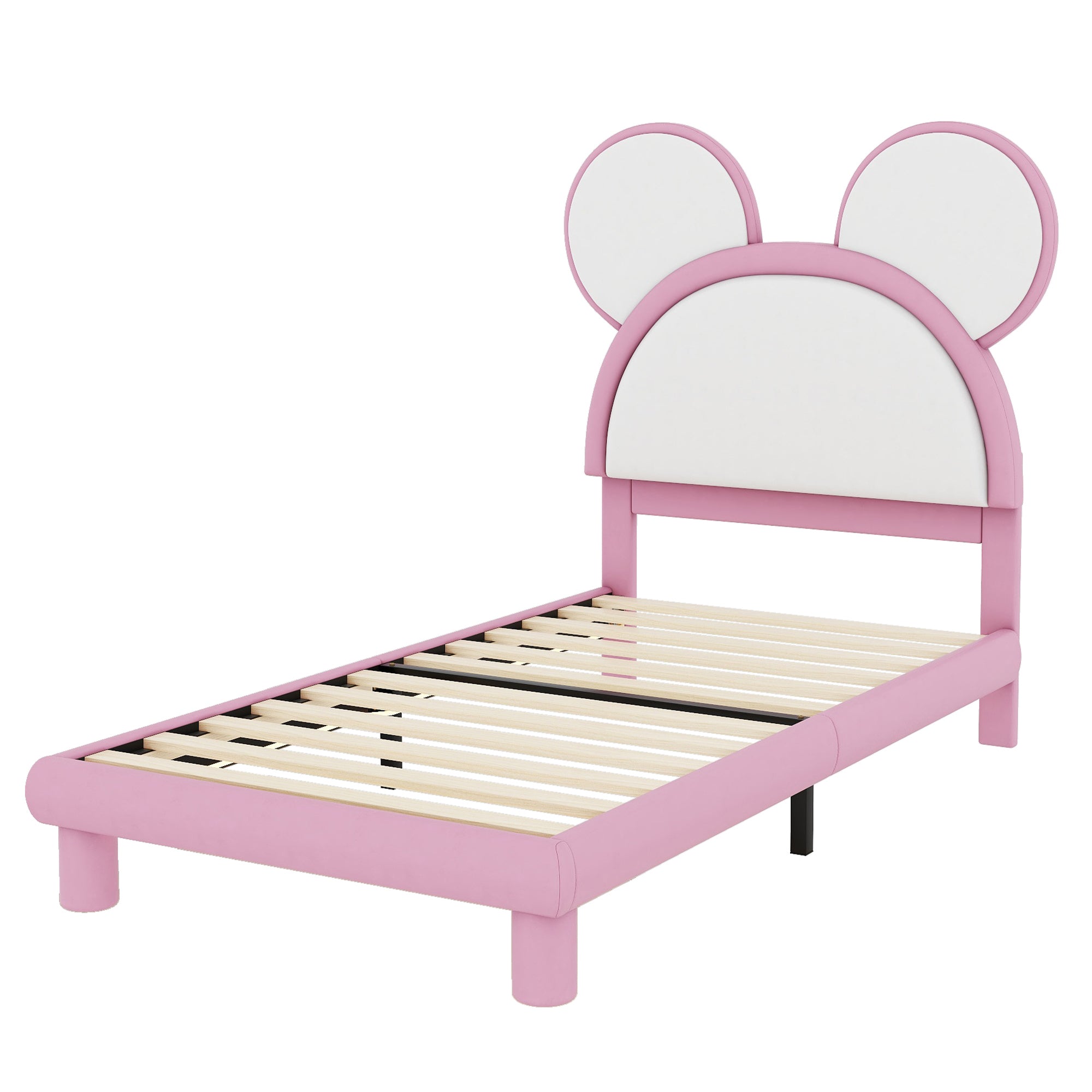 Twin Size Upholstered Platform Bed with Cartoon Ears Shaped Headboard and LED, White&Pink