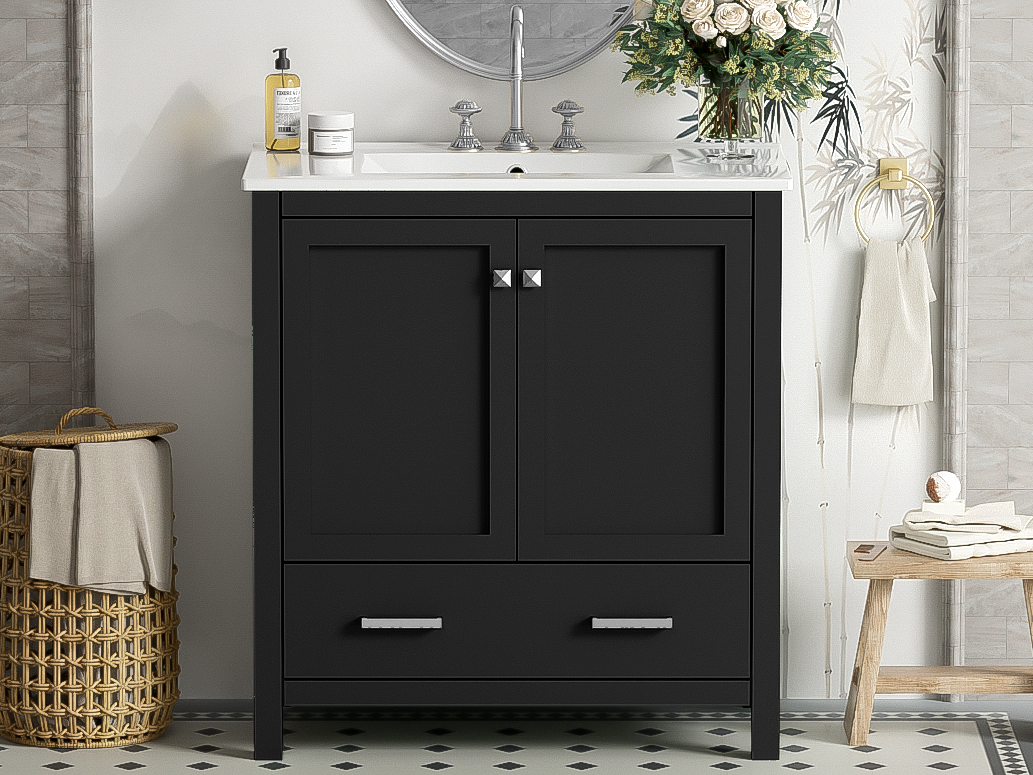 30" Black Bathroom Vanity with Single Sink, Combo Cabinet Undermount Sink, Bathroom Storage Cabinet with 2 Doors and a Drawer, Soft Closing, Multifunctional Storage, Solid Wood Frame