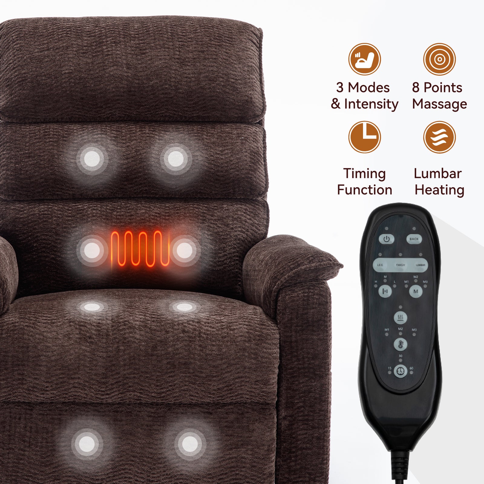 Brown Chenille Dual Motor Infinite Position Up to 350 LBS Power Lift Recliner Chair with Power-Remote, Heat Massage and Heavy Duty Motion Mechanism