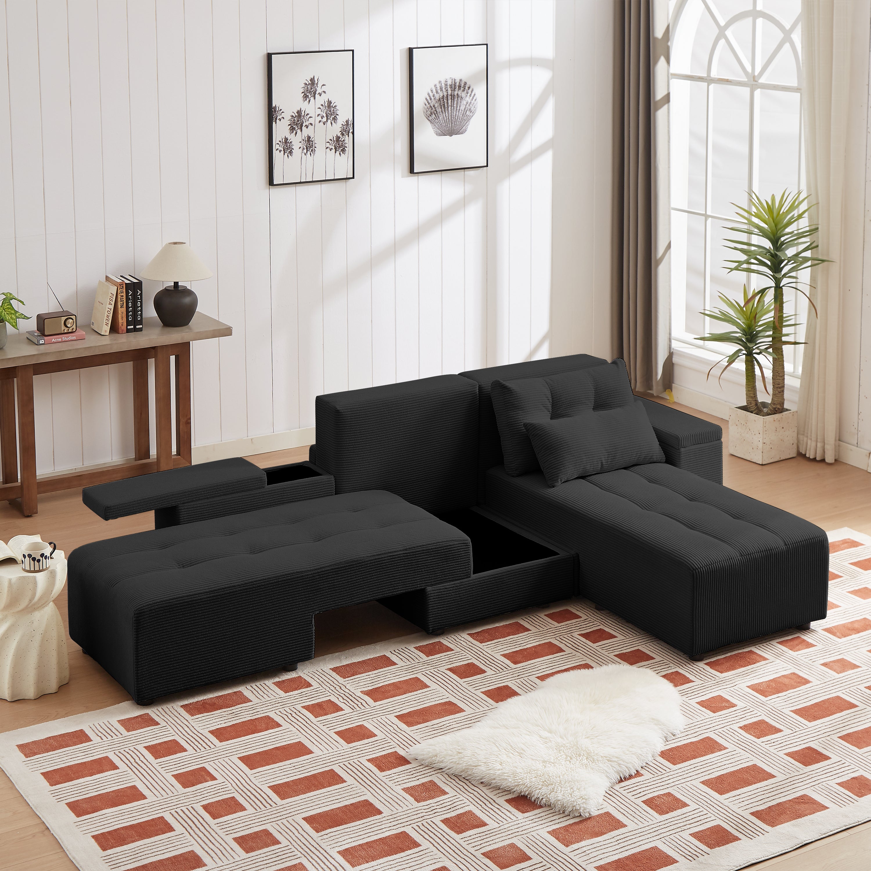 Convertible 3 in 1 Sleeper Sofa and Sectional Sofa with 4 Storage Space for Living Room,Corduroy Couch With 4 pillows,Corduroy