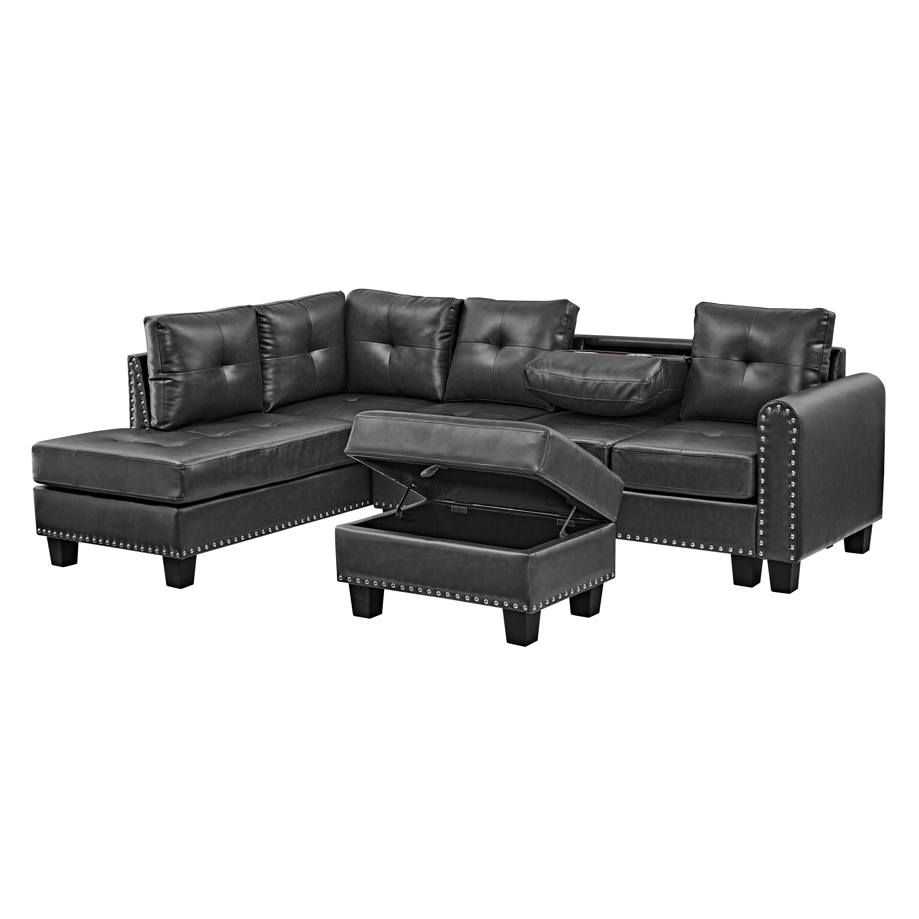 Sectional 3-Seaters Sofa , reversible recliner, Storage pad and wood grain cup holder, Non-slip leg, pu, black