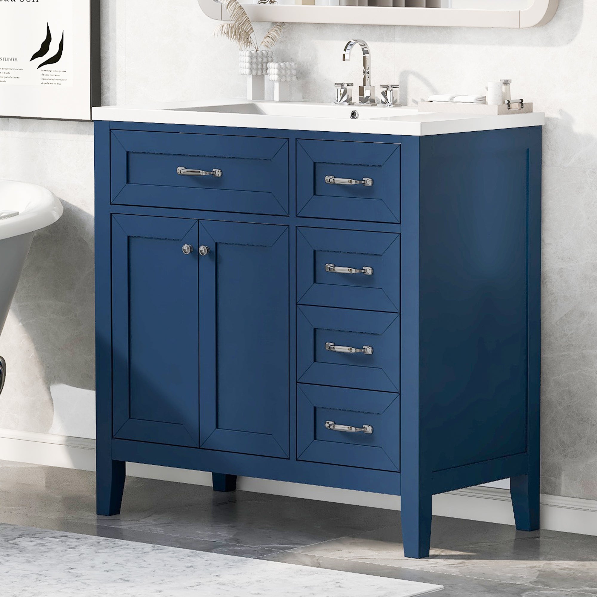 36" Bathroom Vanity with Sink Combo, Blue Bathroom Cabinet with Drawers, Solid Frame and MDF Board