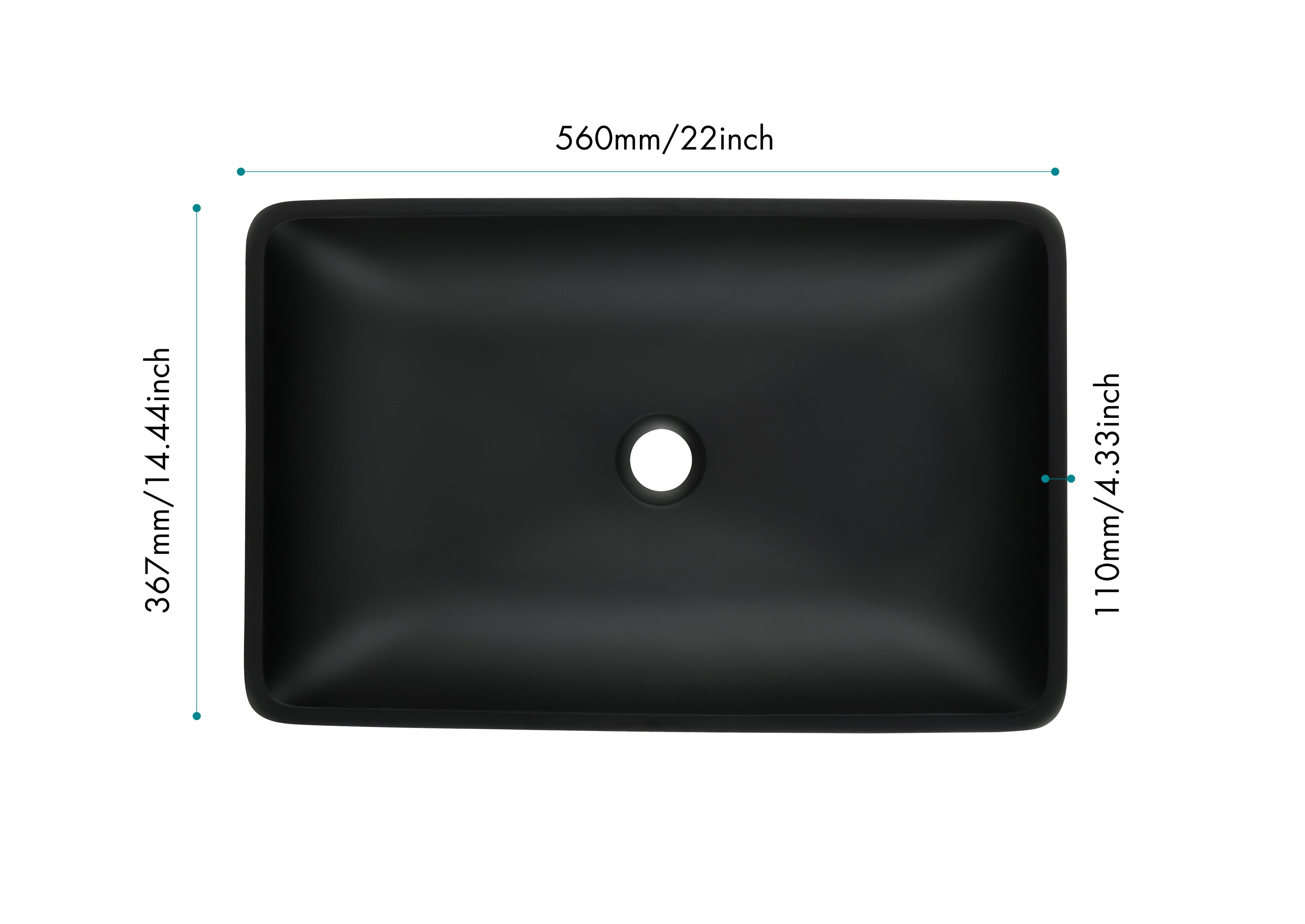 14.38" L -22.25" W -4-3/8 in. H Matte Shell  Glass Rectangular Vessel Bathroom Sink in Black with  Faucet and Pop-Up Drain in Matte Black