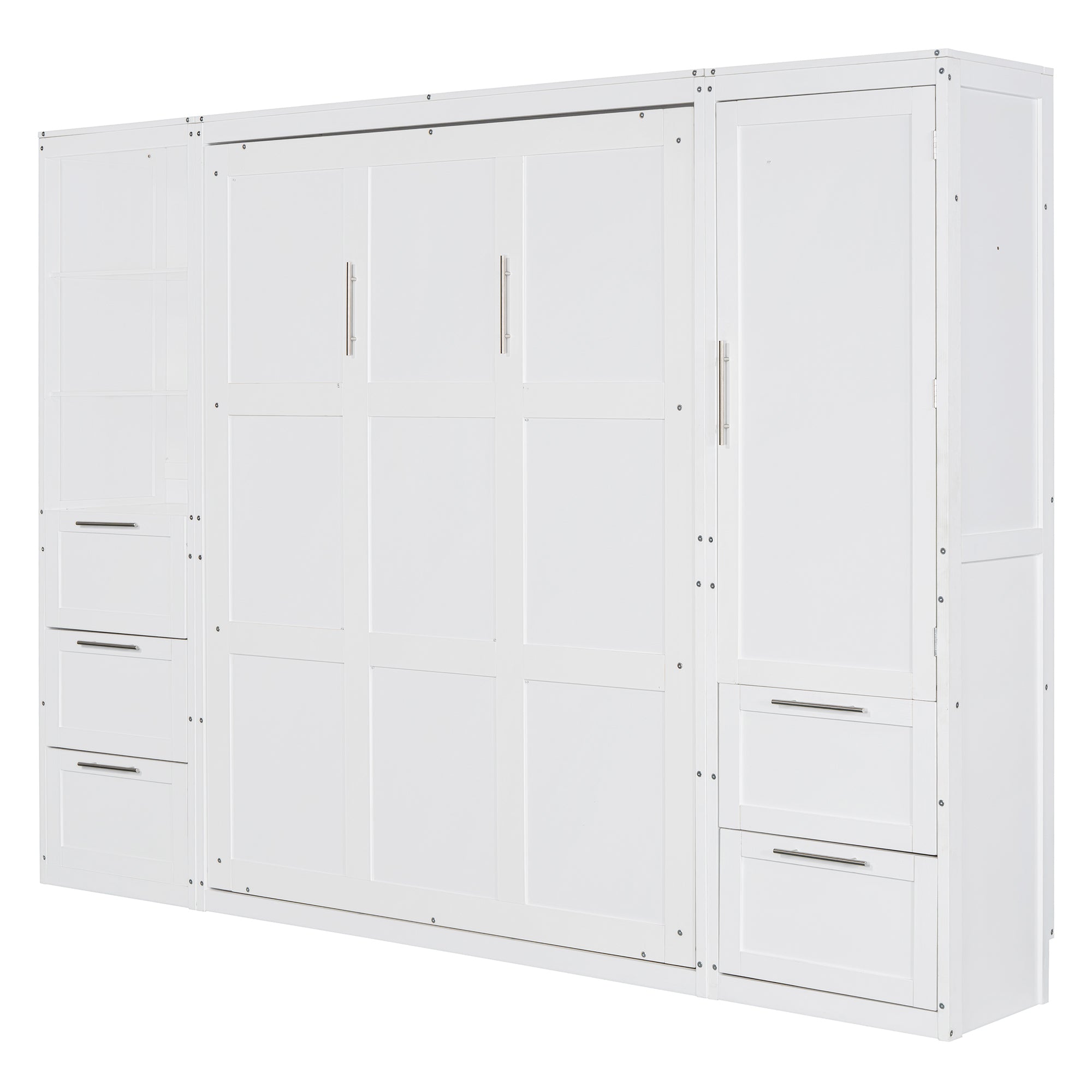 Queen Size Murphy Bed Wall Bed with Closet ,Drawers and Shelves,White