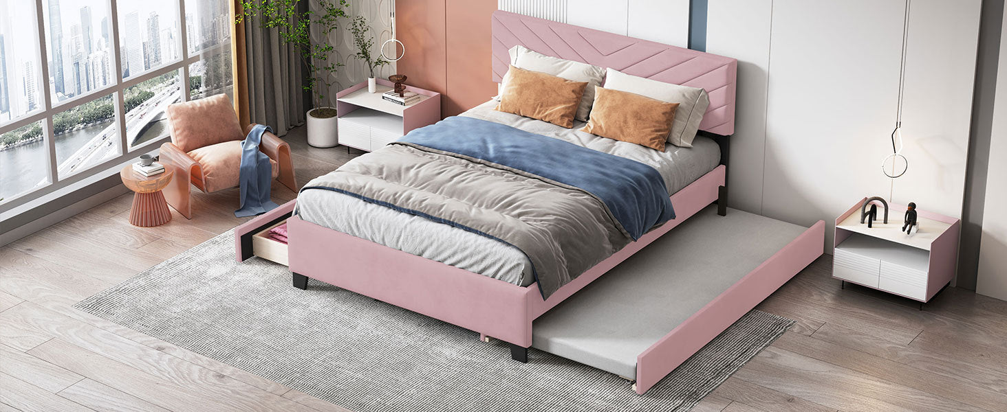 Queen Size Upholstered Platform Bed with Twill Headboard, Pullout Bed and Two Drawers, Flannel,Pink