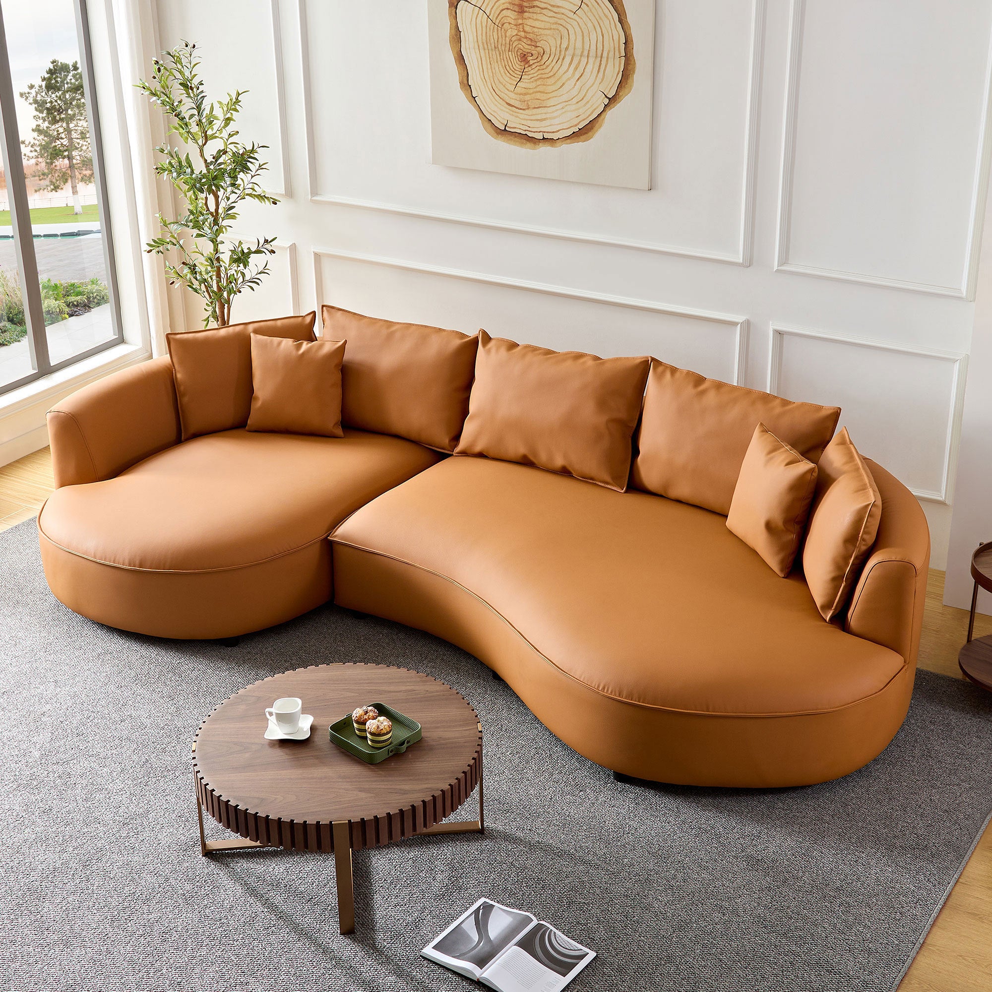 Modern Sectional curved Sofa Couch for Living Room,Upholstered 5-Seat Sofa Couch Eco-leather Couch Set for Apartment Office,Orange