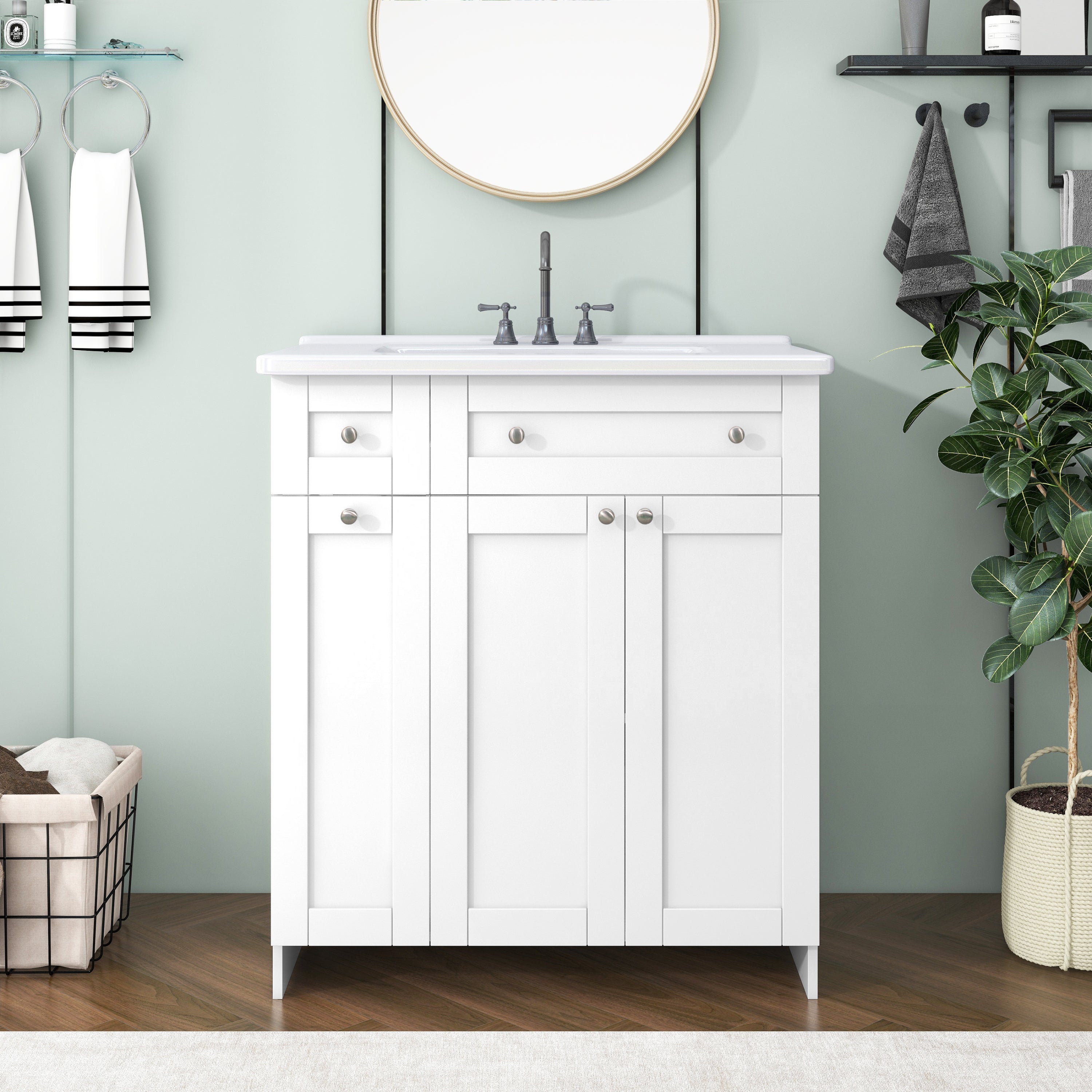 30-Inch White Bathroom Vanity with Ceramic Sink Combo, Abundant Storage Cabinet - 2 Soft close Doors and Double-tier Deep Drawer