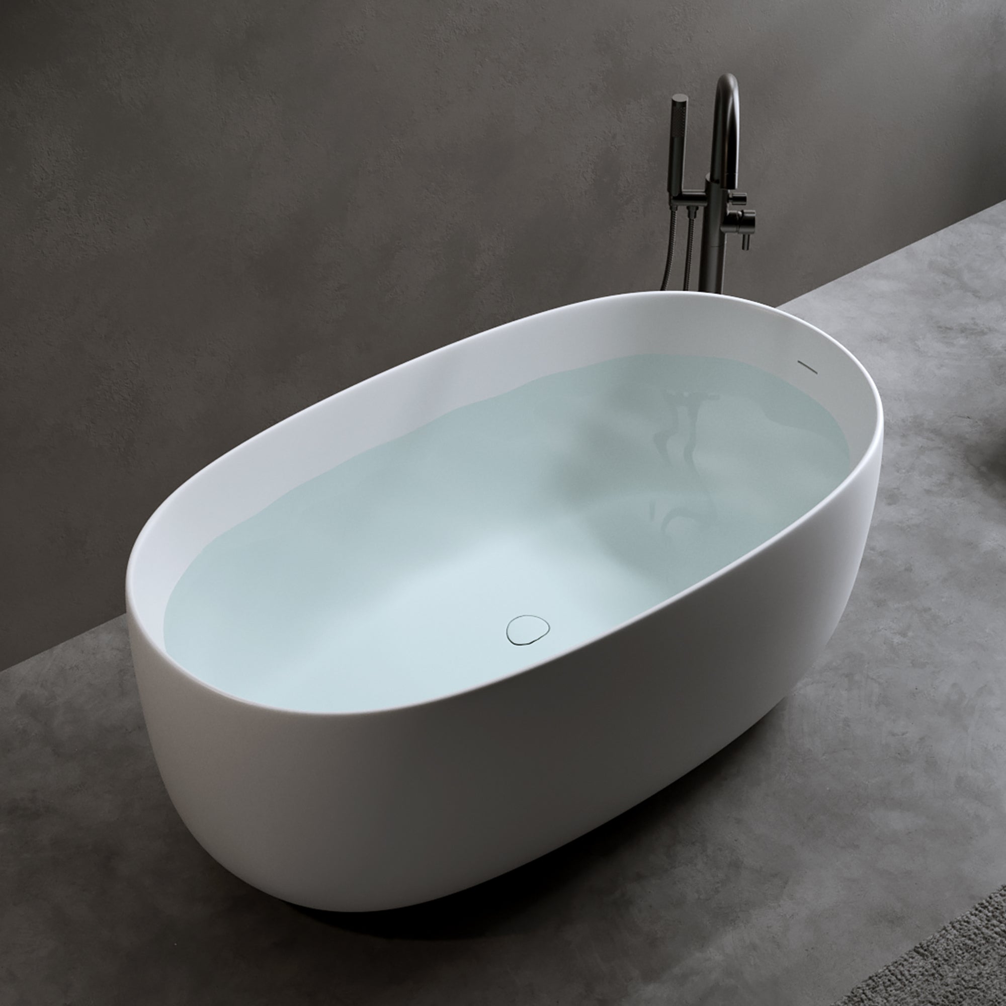 47'' Independent solid surface resin stone bathtub, a modern designed independent bathtub with pop-up drainage and overflow pipes, suitable for small households