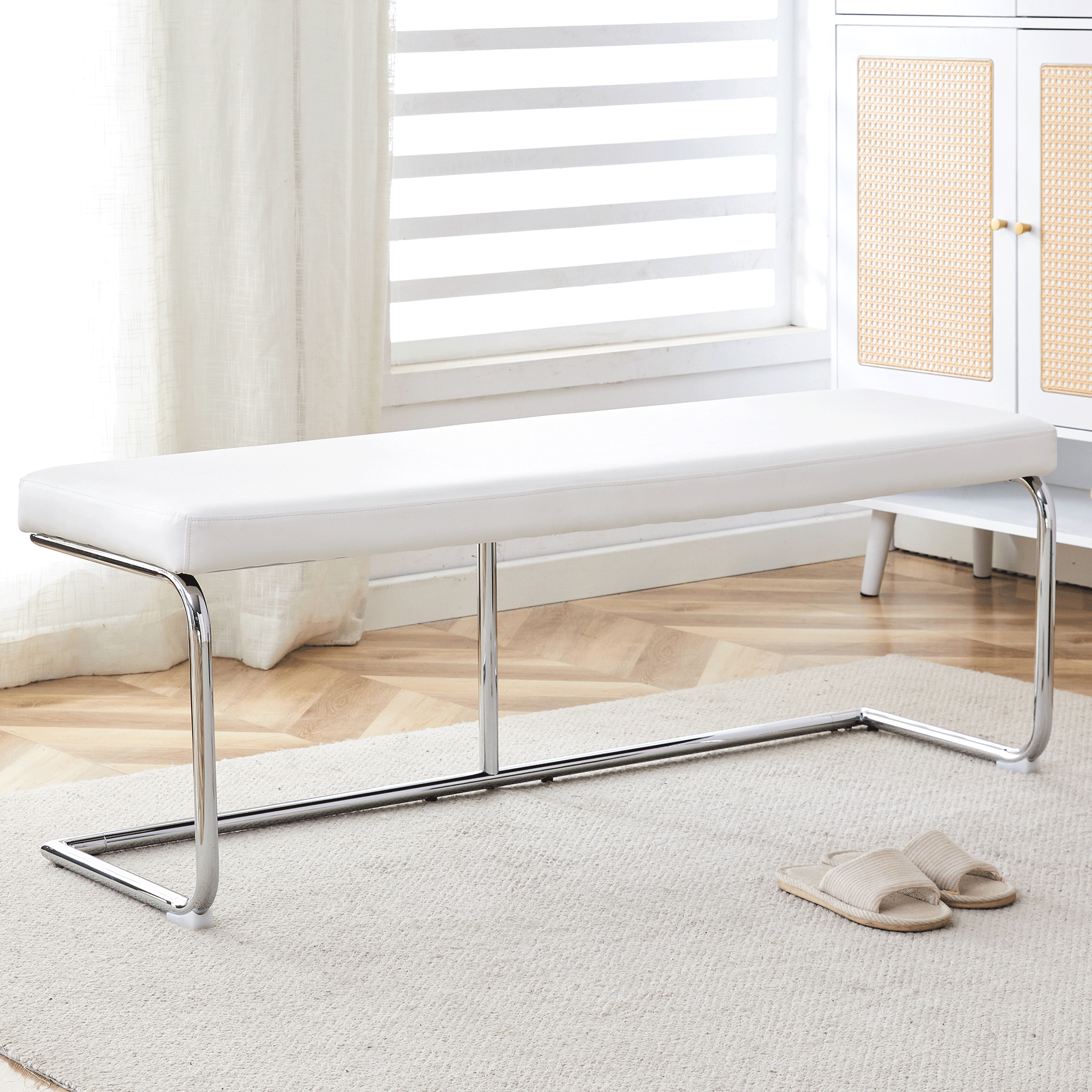 White shoe changing stool, silver metal legs, sofa stool dining chair, suitable for bedroom ,fitting room, storage room, dining room, living room. 005