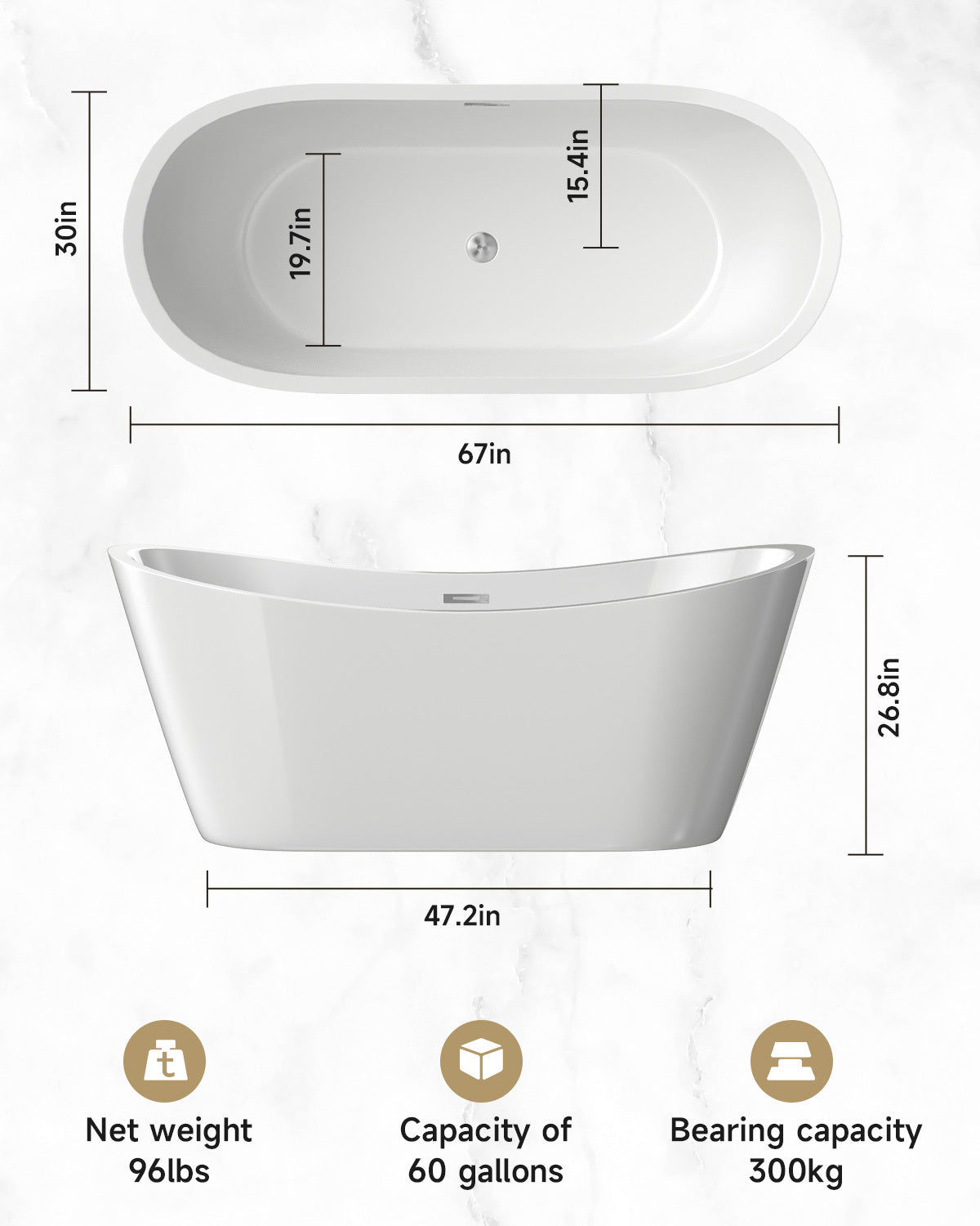 67" Acrylic Freestanding Bathtub-Acrylic Soaking Tubs, White Bathtub, Oval Shape  Freestanding Bathtub With Chrome Overflow and Pop Up Drain