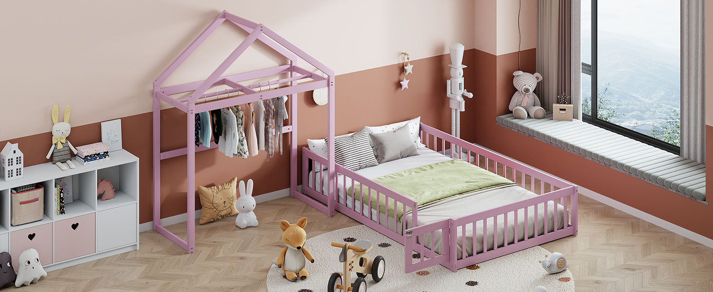 Wooden Floor Bed with Fence Railings and Detachable House Shape Headboard,Full Size Bed with Kids Dress Up Rack, Kids Montessori Style Playhouse Frame for Girls Boys, Pink