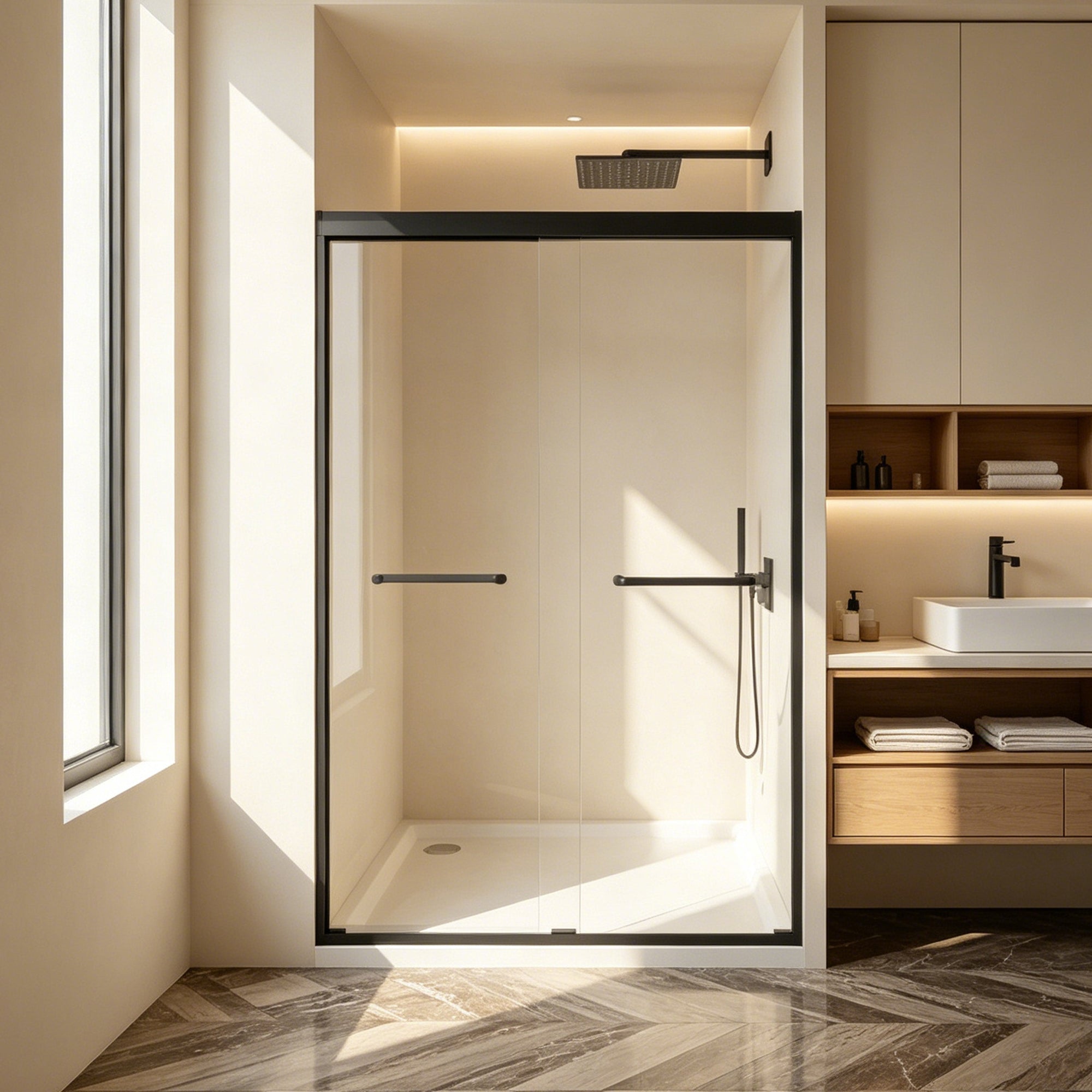 Double sliding shower door 44-48 inch matte black front view