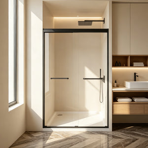 Double sliding shower door 44-48 inch matte black front view
