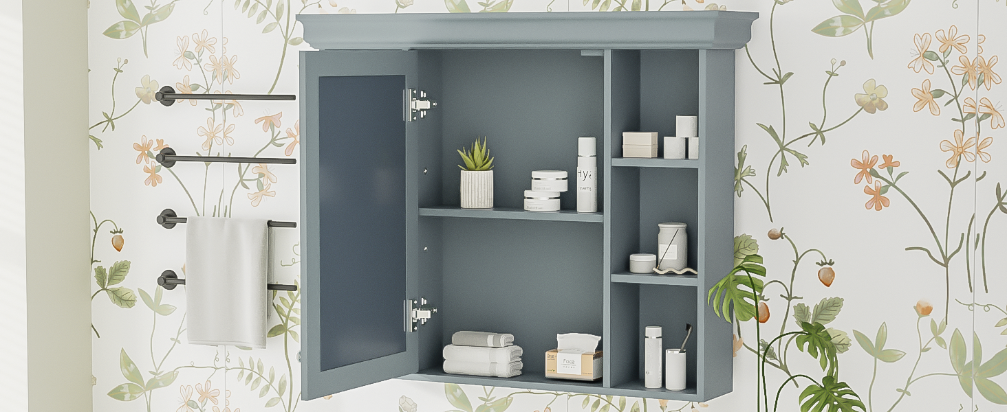 35'' x 28'' Blue Wall Mounted Bathroom Storage Cabinet with Mirror Door, Modern Bathroom Wall Cabinet with Mirror, Medicine Cabinet with 6 Open Shelves