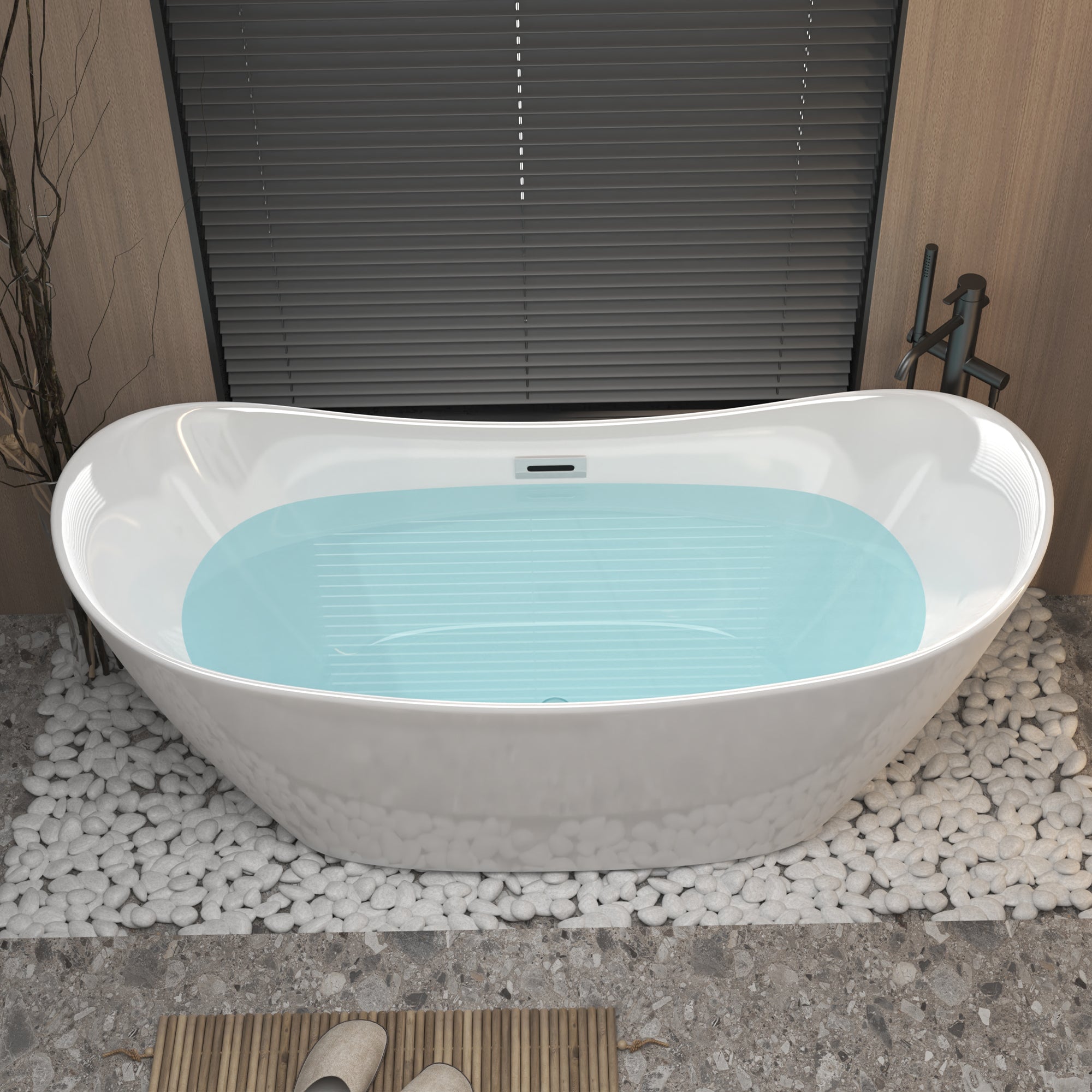 59-inch acrylic freestanding tub gloss white, chrome overflow detail