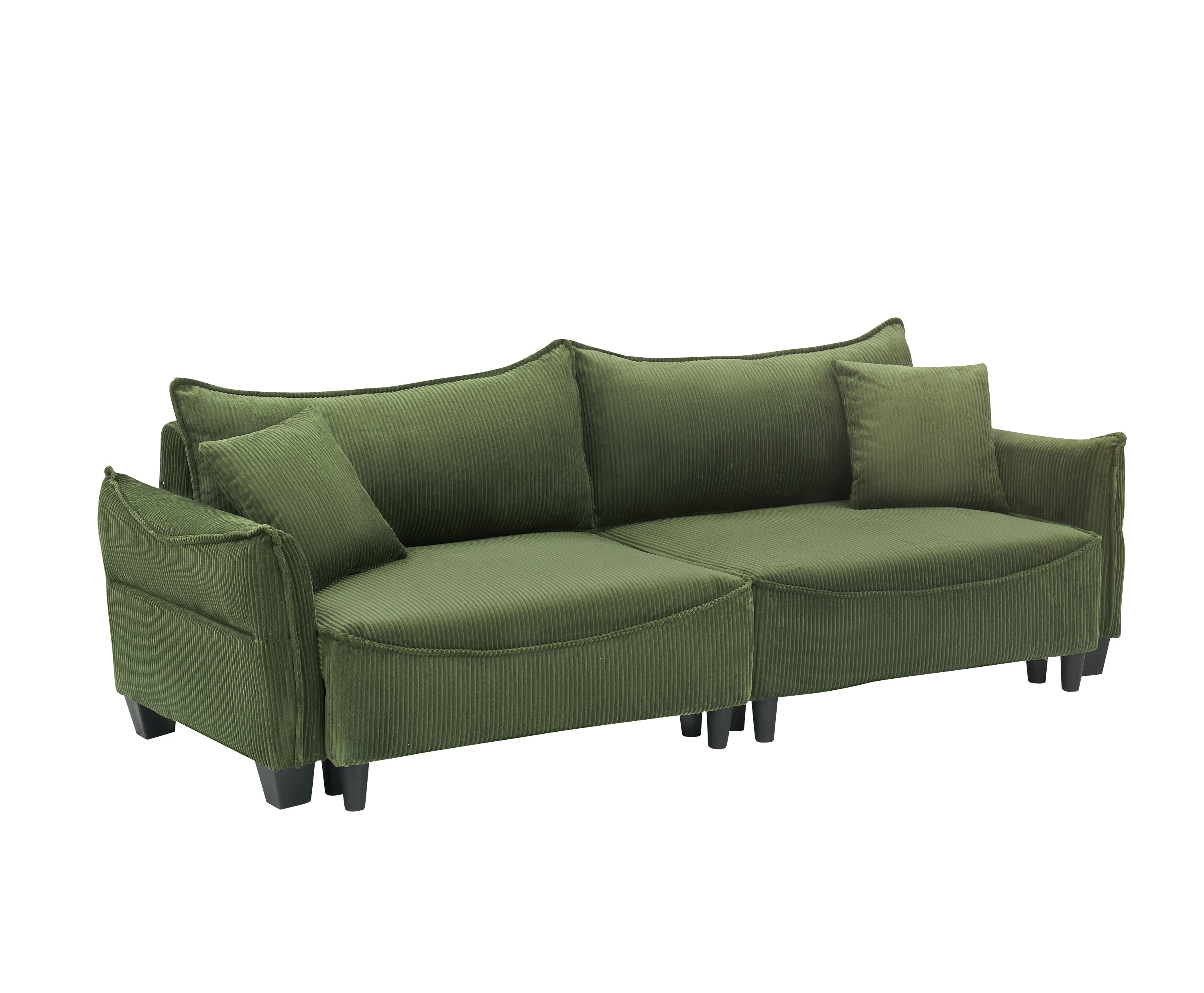 Sofa Showcasing Green Corduroy Fabric, Transformable into Sofa Bed with Two Throw Pillows: Ideal for Living Rooms & Diverse Scenes