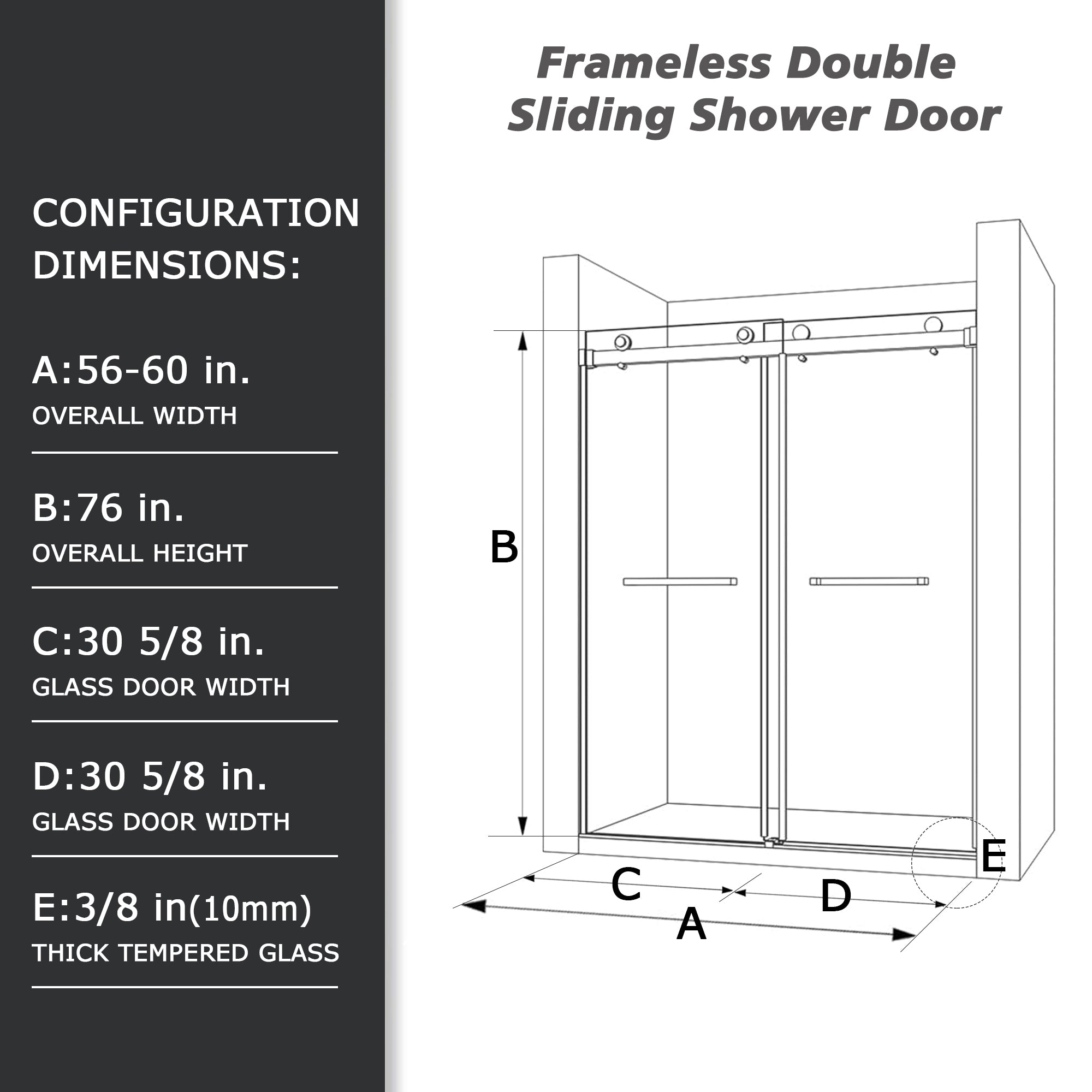 56" - 60"W x 76"H Frameless Double Sliding Shower Door, 3/8"(10mm) Clear Tempered Glass, Glass Door For Bathroom, Chrome Finish