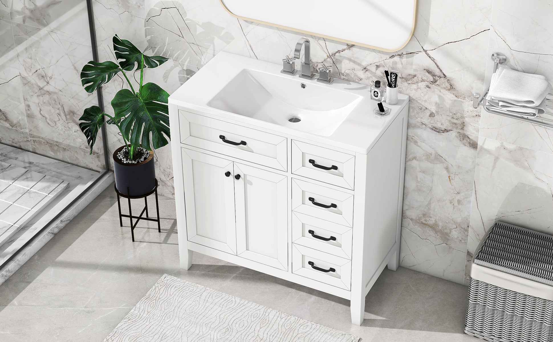 36" Bathroom Vanity with Sink Combo, White Bathroom Cabinet with Drawers, Solid Frame and MDF Board (Old Sku:JL000007AAK)