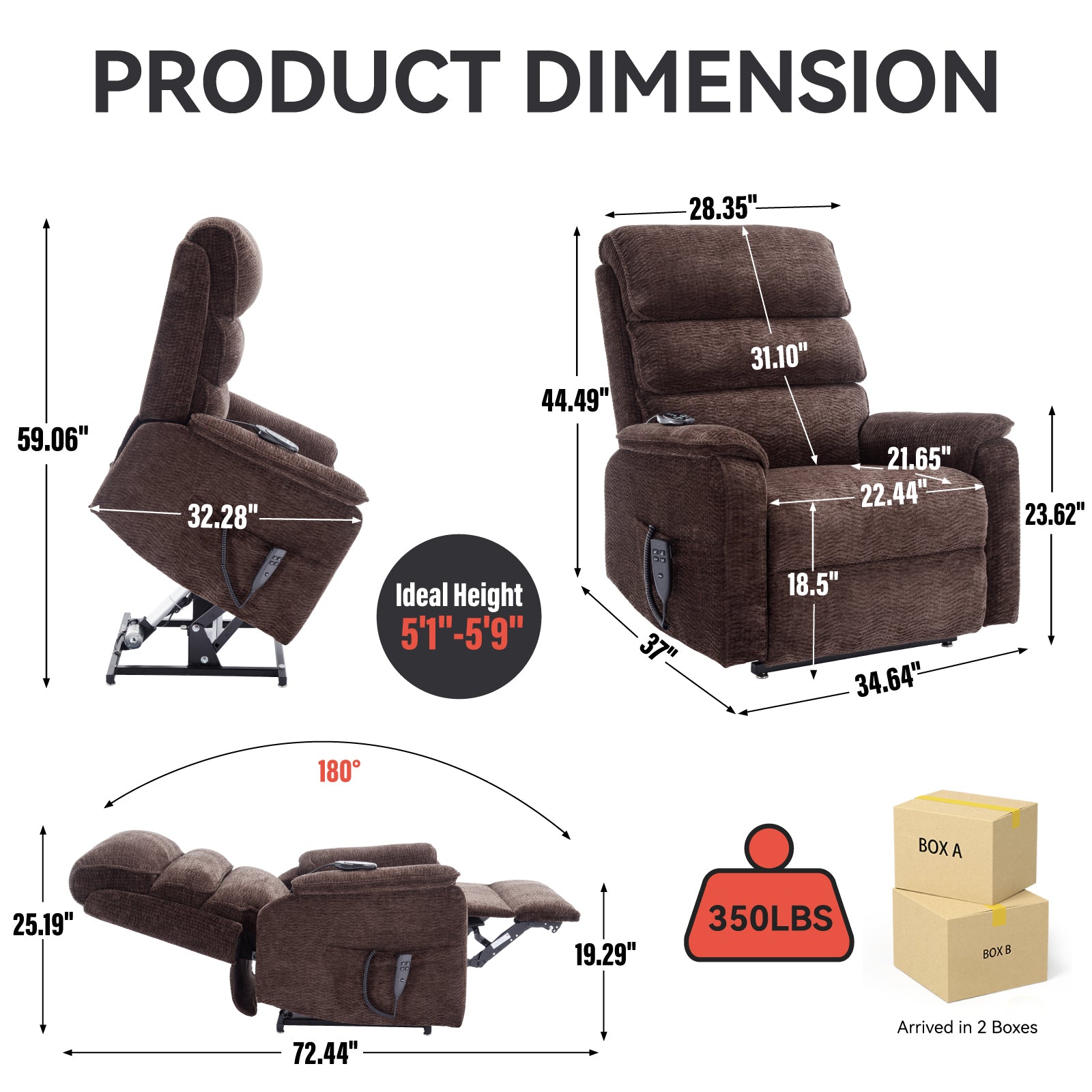 Brown Chenille Dual Motor Infinite Position Up to 350 LBS Power Lift Recliner Chair with Power-Remote, Heat Massage and Heavy Duty Motion Mechanism