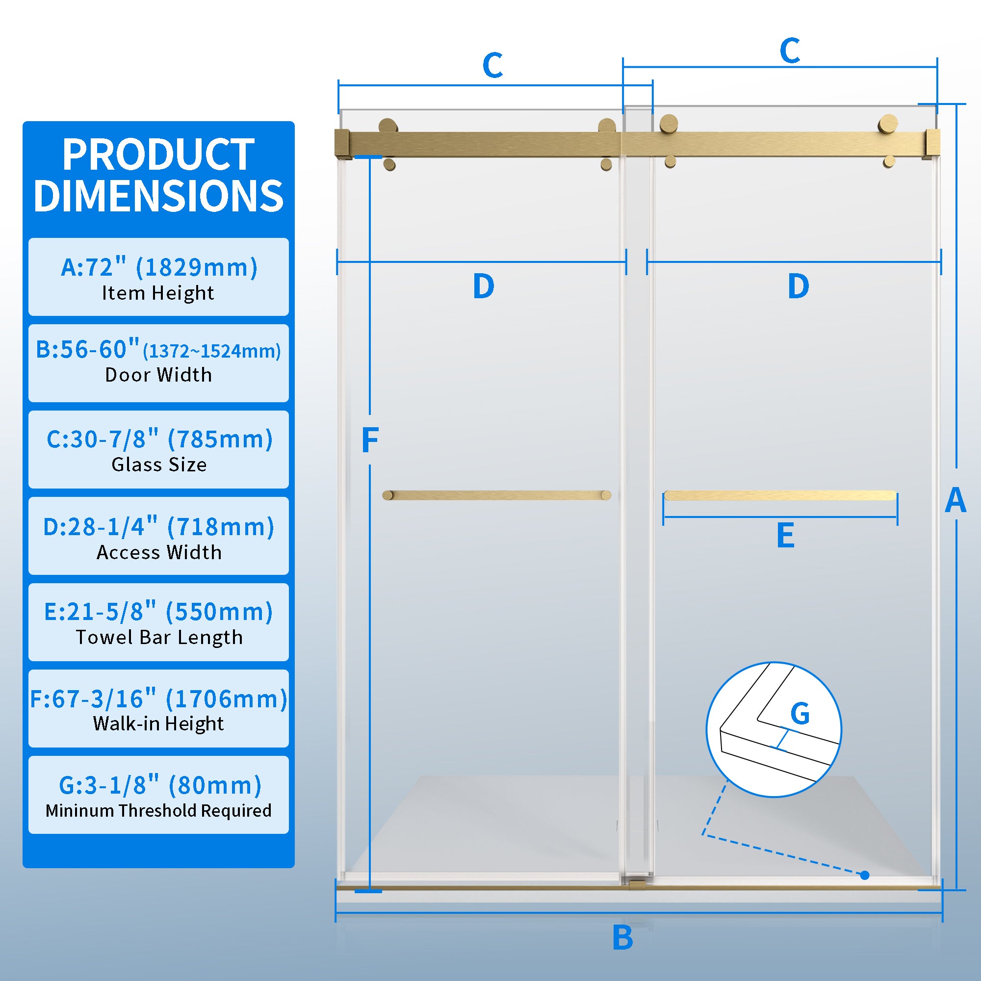 56-60"W × 72"H Double Sliding Frameless Shower Door With 3/8 inches (10mm) Clear Tempered Glass, Brushed Gold Finish