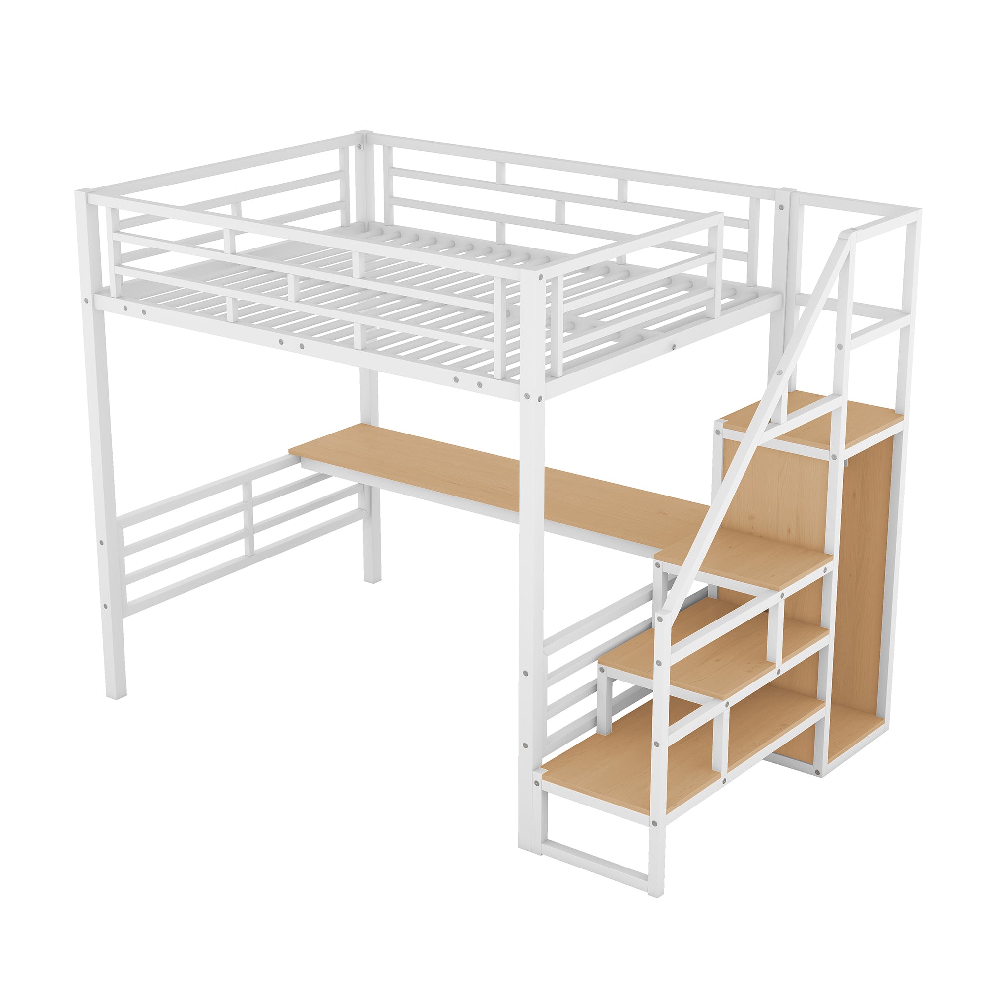 Full Size Metal Loft Bed with Desk, Storage Staircase and Small Wardrobe, Storage stairs can be installed left and right, White