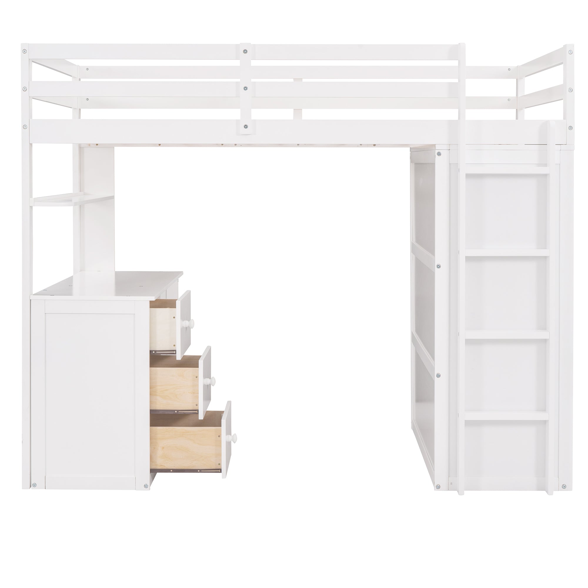 Twin size Loft Bed with Drawers,Desk,and Wardrobe-White