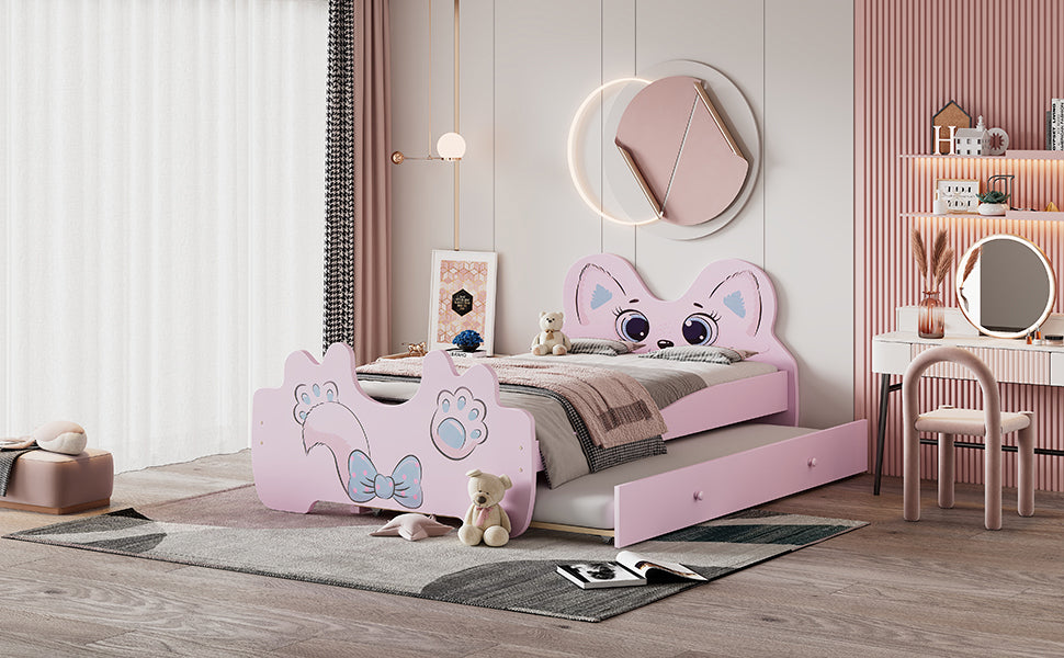 Cartoon Twin Size Platform Bed with Trundle, Pink